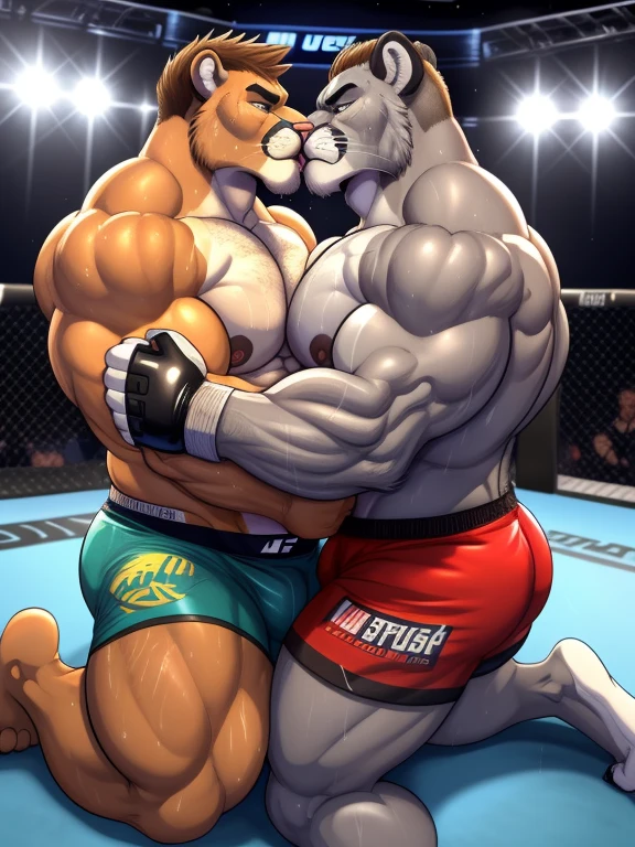 Duo male(Gray Cougar vs Cougar, handsomes, handsome hairstyle, tails, Thick eyebrows, detailed face), gay(Clinch embraced, pined body with body on the ground, kissing each other, on a UFC match), hot(Shirtless), handsomes(They are handsomes, correct anatomy), musculosos(Big muscle bodies, Six packs, muscle abs, big pecs, muscle backs, muscle legs), sweaty(very sweaty wet bodies, shiny sweat), tatuajes(they have tattoos), grumpy(Both have an grumpy expression, grumpy teeths, steaming breath), UFC gloves(They both are wearing UFC gloves), UFC boxers(they both are wearing ufc boxers), Hight resolution, by(Zourik:1.1)