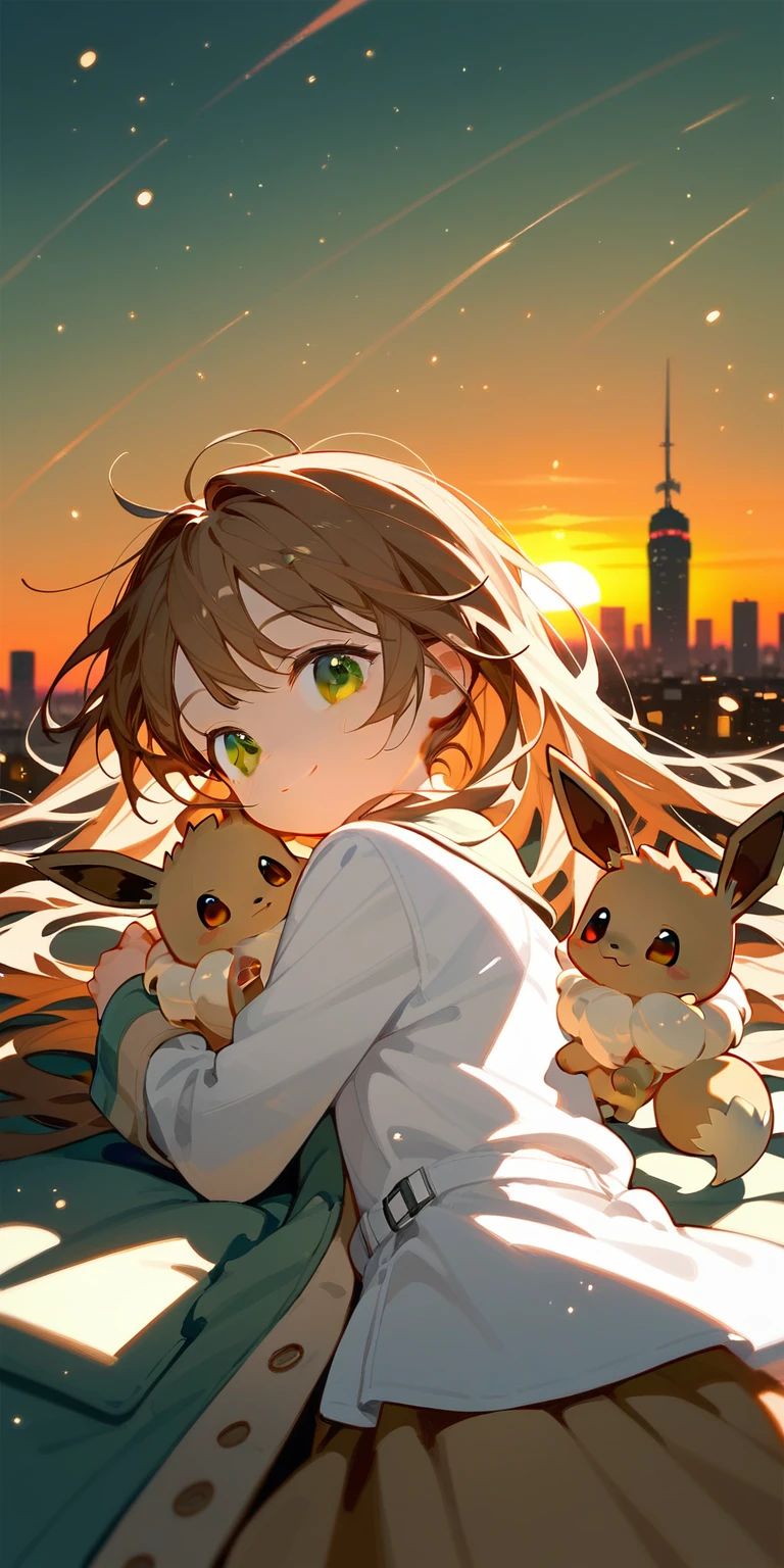 ung girl,Beautiful light and shadow,Brown Extra Long Hair,Green eyes,Dark green windbreaker,cute,Halation,Smile,Eevee doll clothes lying on shoulders,White shirt,coat,(((Brown hair))),Sunset,Light Particles,City,Back