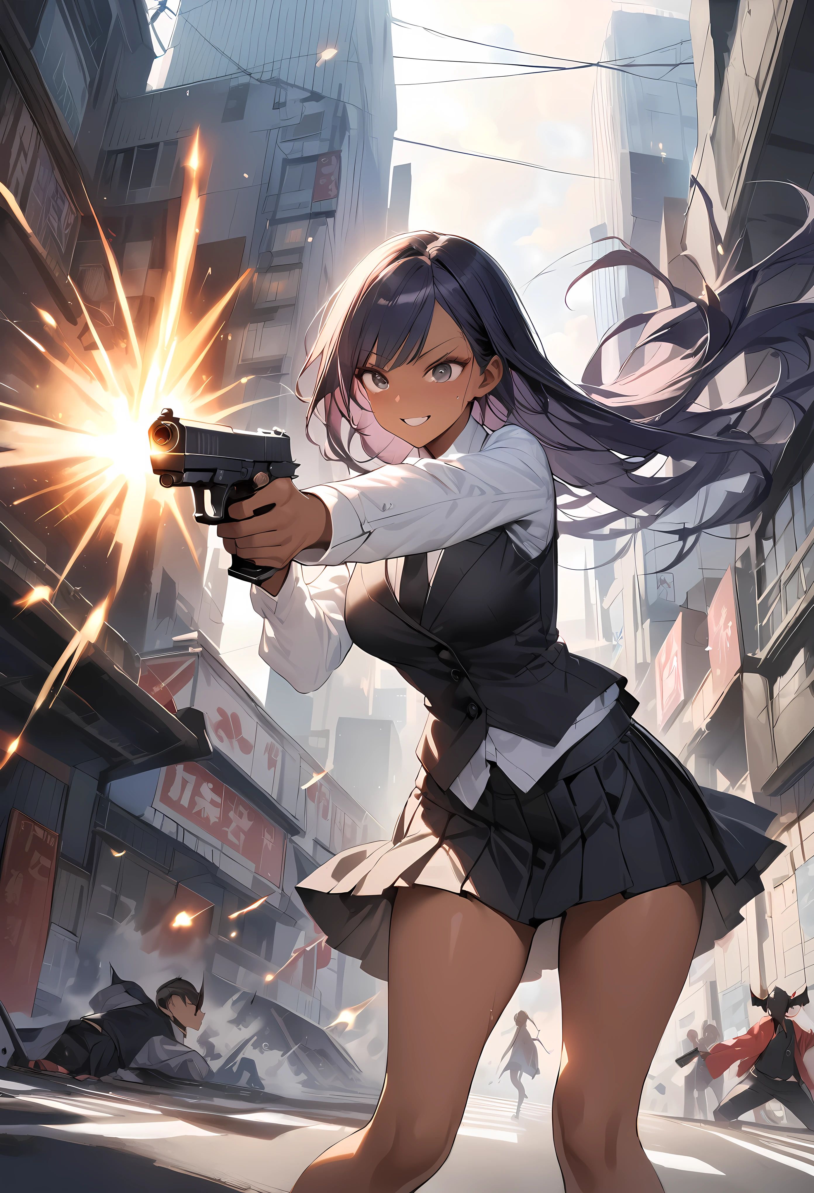 Action Scenes、(Woman fighting the devil),((masterpiece,Highest quality:1.3,best quality illustration)),realistic,cowboy shot,1woman,(22 year old beauty),((very small head:1.4)),ideal ratio body proportions,dark blue hair,straight long hair,bangs,black eyes,gorgeous big eyes,smile,((tan skin,skinny)),(Black vest、Black tie、White collared shirt、Long sleeve、Black pleated mini skirt)),medium breasts,gleaming skin,slender body,sweat,(Detailed handgun,Firing stance),on street,multiple demon、Collapsed Buildings、Tokyo、
