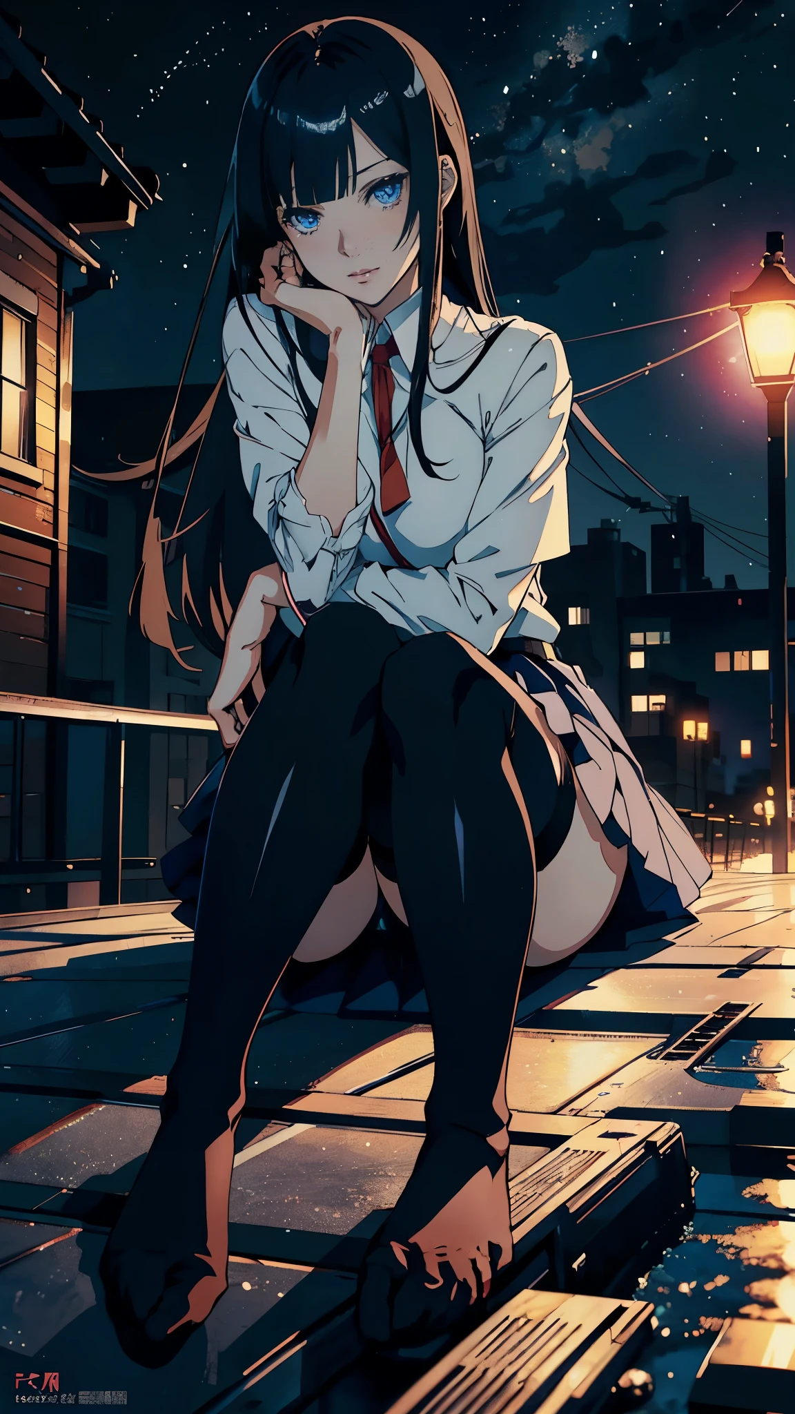 (NSFW, ((Anime masterpiece, Best Quality, photographrealistic))), (Shiny skin), (nffsw, 8K Wallpaper, High resolution), Detailed Anatomy, Cinematic lighting, Physically-based rendering, Award-winning, highlydetailed skin, extra detailed face, Eyes with beautiful details, Canon EF 70-200mm f/2.8L IS III USM, (1 anime girl), Young Adult Anime Character, (Long black hair with bangs), Blue eyes, (Short skirt and thigh-high socks), (Arms crossed), (Planting foot on roof edge), Starry Night Background, (Shooting