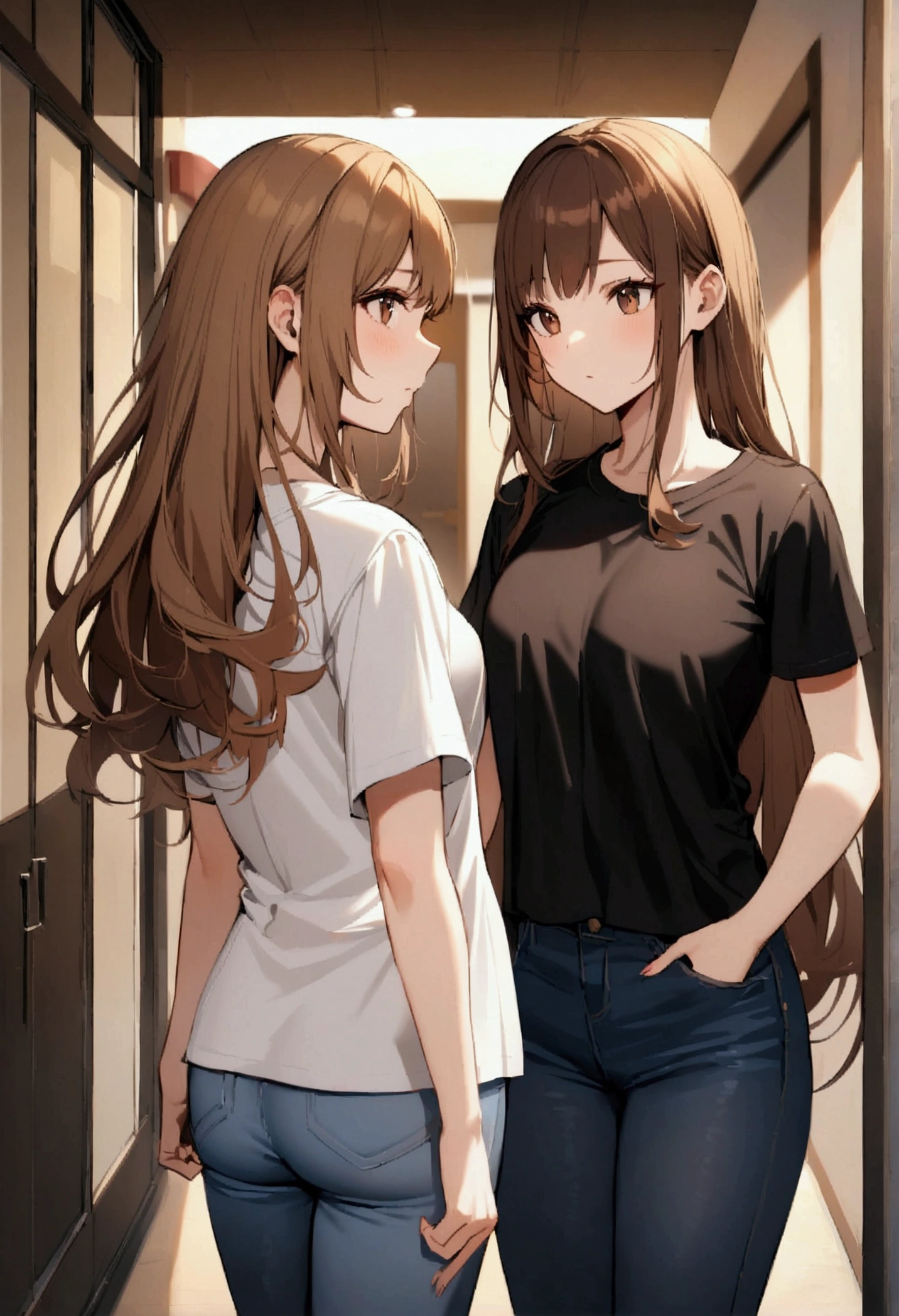 girl, student, female, long hair, brown hair, brown eyes, short sleeve t-shirt, 검은 short sleeve t-shirt, jeans