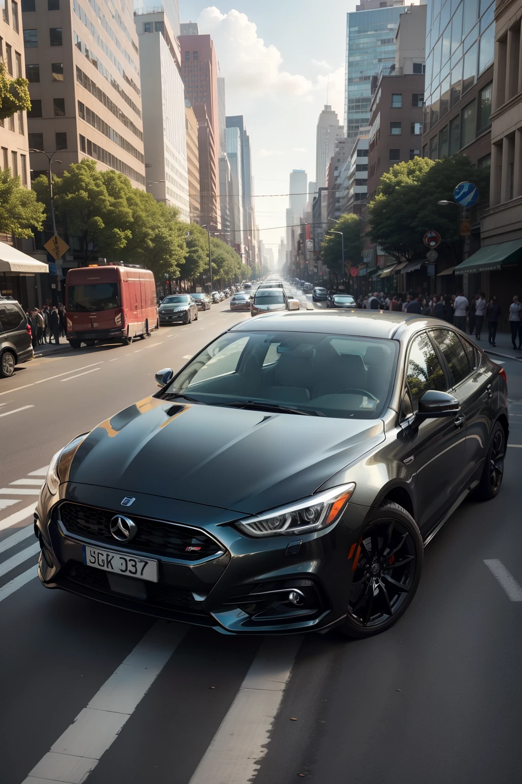 Car in bustling Street: A sleek, shiny sedan sits in the heart of a lively urban scene. The car, a symbol of progress and modernity, is surrounded by the hustle and bustle of everyday life. People walk by, their faces a mix of curiosity and amusement as they gaze at the vehicle. The sunlight filters through the leaves of trees lining the street, casting dappled shadows on the car's exterior. Traffic hums in the distance, the symphony of city life providing a soundtrack to this vibrant moment.