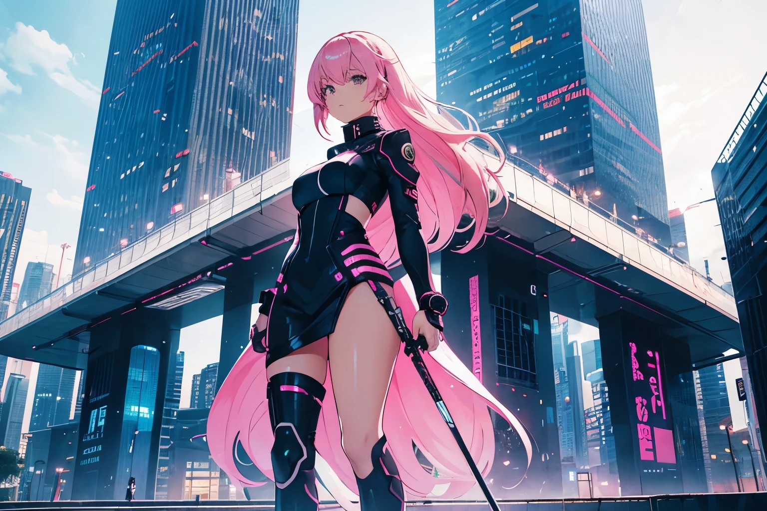 high resolution,high quality,Full face,Futuristic city,Outdoor,Futuristic design building,Standing girl,alone,Pink Hair,Faintly shiny hair,Straight Hair,Medium Hair,Black and white outfit,Shiny Costumes,No sleeve,High leg,Front facing,Close-up of face,Focusing on people