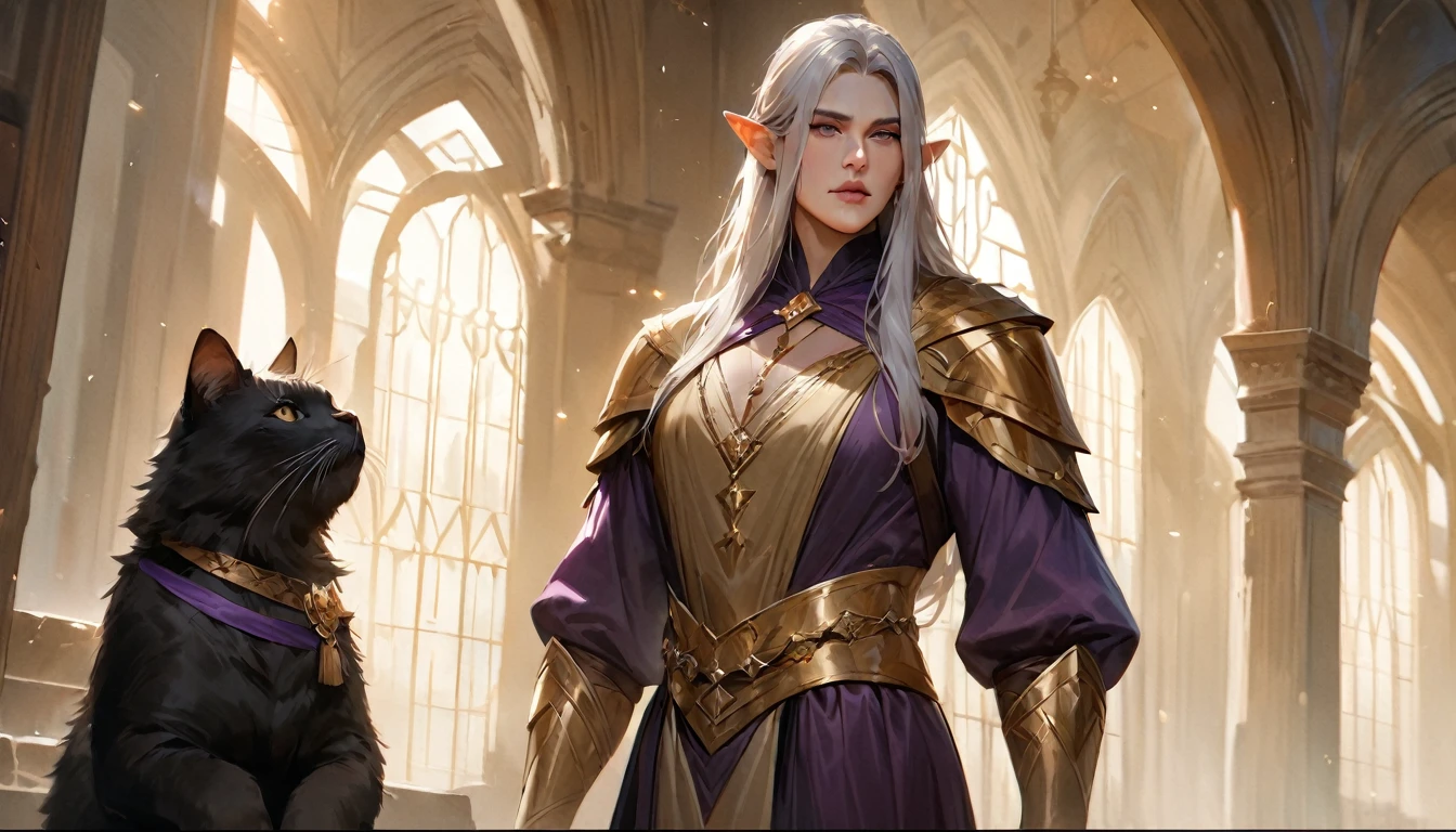 (best quality, masterpiece, ultra-detailed, highres, realistic:1.37), a youthful and optimistic 6 foot tall 30 year old tabaxi man race from d&d with a meincoone cat like appearance who has white fur and long haired ears wearing fancy purple medieval dancer vestments with a golden belt and broach on his chest in the style of the Castlevania Animated Series