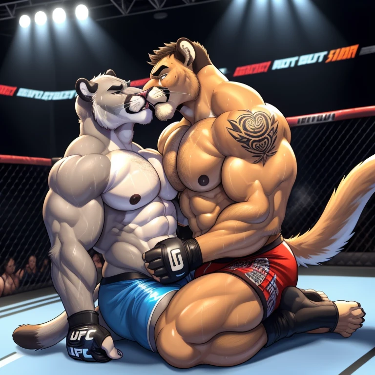 Duo male(Gray Cougar vs Cougar, handsomes, handsome hairstyle, tails, Thick eyebrows, detailed face), gay(Clinch embraced, pined body with body on the ground, kissing each other, on a UFC match), hot(Shirtless), handsomes(They are handsomes, correct anatomy), musculosos(Big muscle bodies, Six packs, muscle abs, big pecs, muscle backs, muscle legs), sweaty(very sweaty wet bodies, shiny sweat), tatuajes(they have tattoos), grumpy(Both have an grumpy expression, grumpy teeths, steaming breath), UFC gloves(They both are wearing UFC gloves), UFC boxers(they both are wearing ufc boxers), Hight resolution, by(Zourik:1.1)