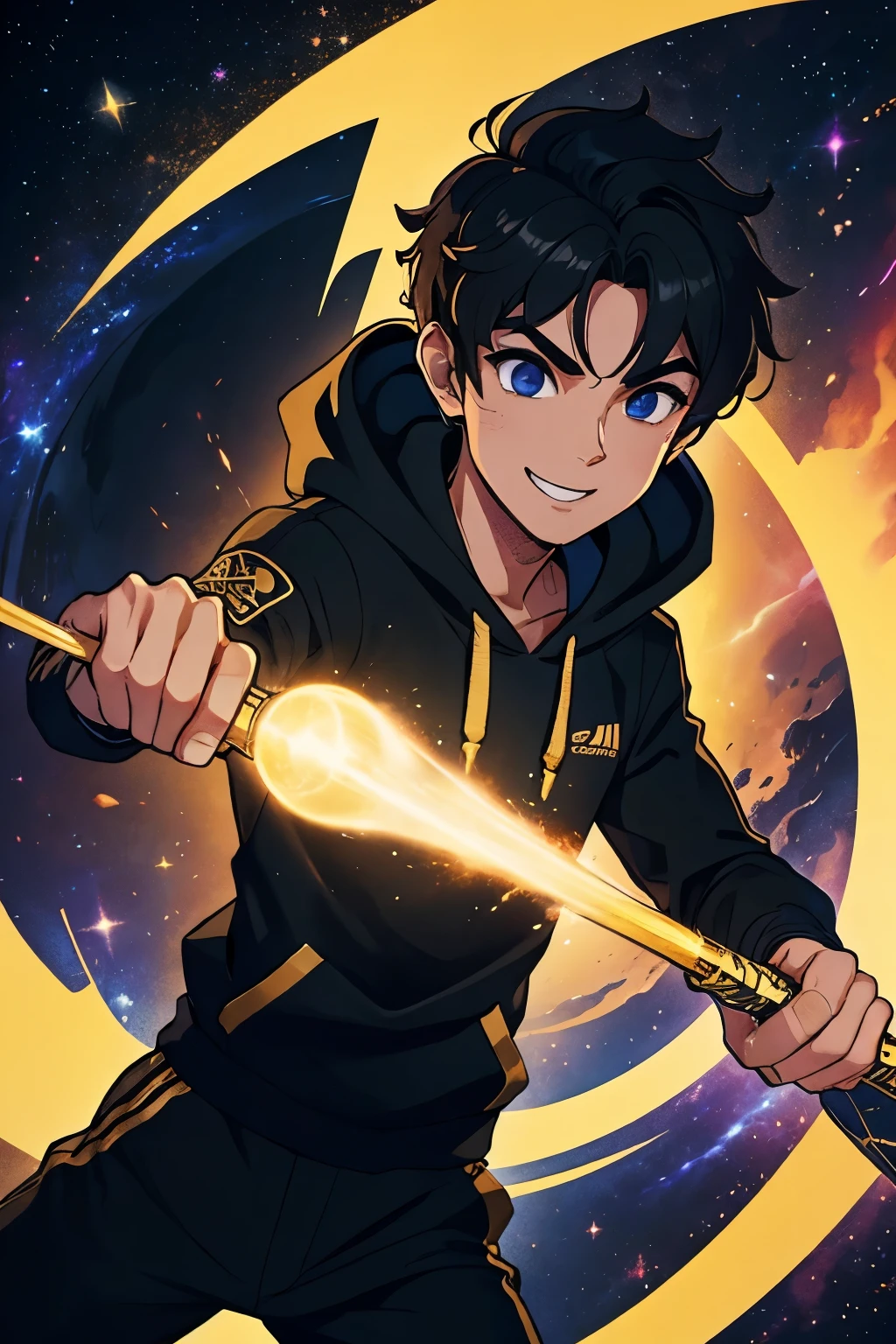 Short haired man　Hair is black、Eyes are golden　Wearing a sporty hoodie, he looks dynamic.　Smiling and cool　A fantastic view of the galaxy　Good at games