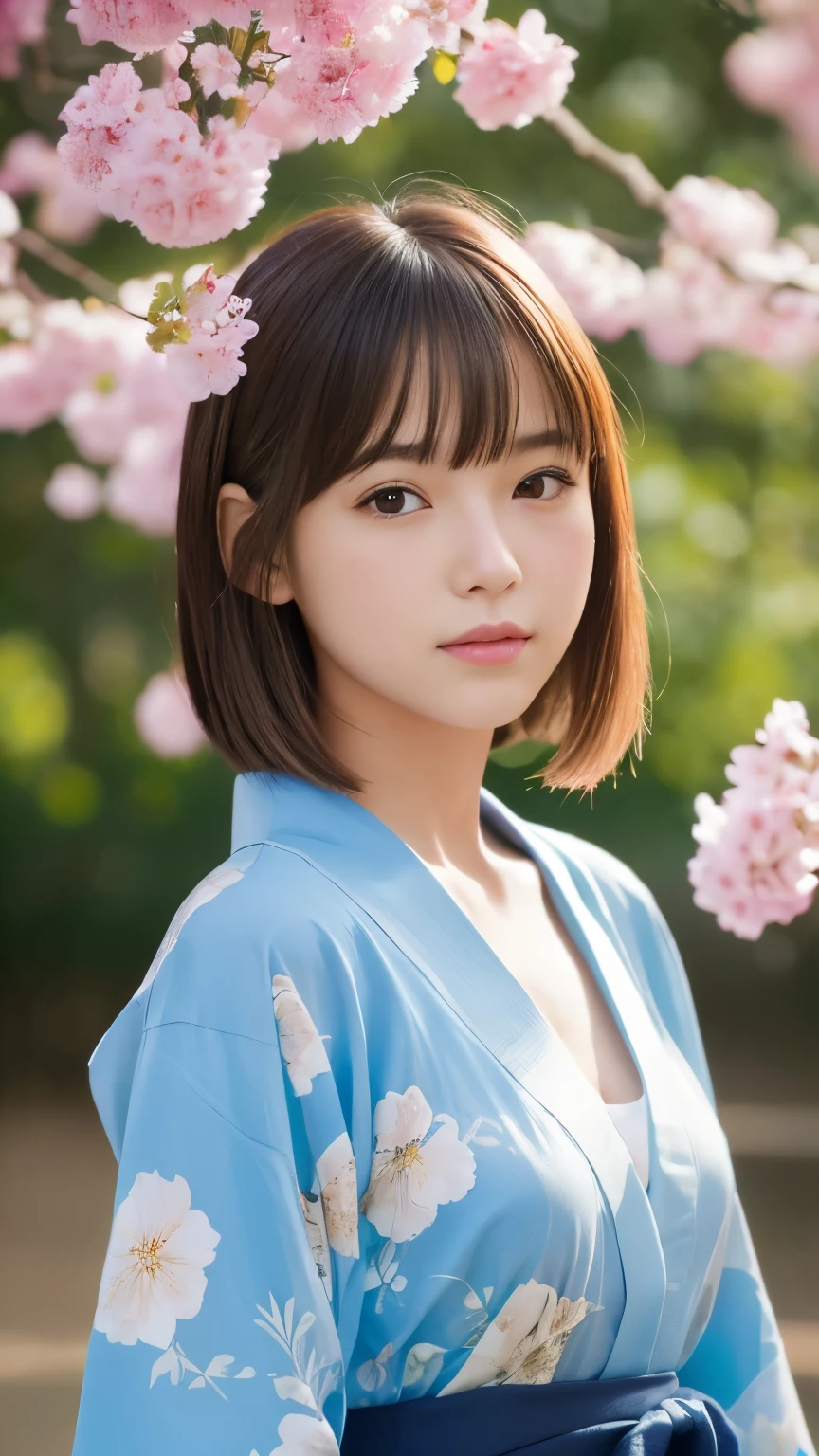 Tabletop、Highest quality、 Very detailedな、High resolution、8k wallpaper、Perfect dynamic composition,、summer、summerの空、新緑のsummerの公園、Beautiful attention to detail、Tabletop,Highest quality,Very detailed,In detail,High resolution,In 8K,((Realistic:1.4,RAW Photos,超High resolution,Best image quality:1.4))、high school student、18-year-old、thin、Small face、Cool gaze、Brown Hair、Beautiful breasts、Straight bangs、Bob Hair、Flower Hair Ornaments、kimono、花柄のkimono、Light blue yukata、