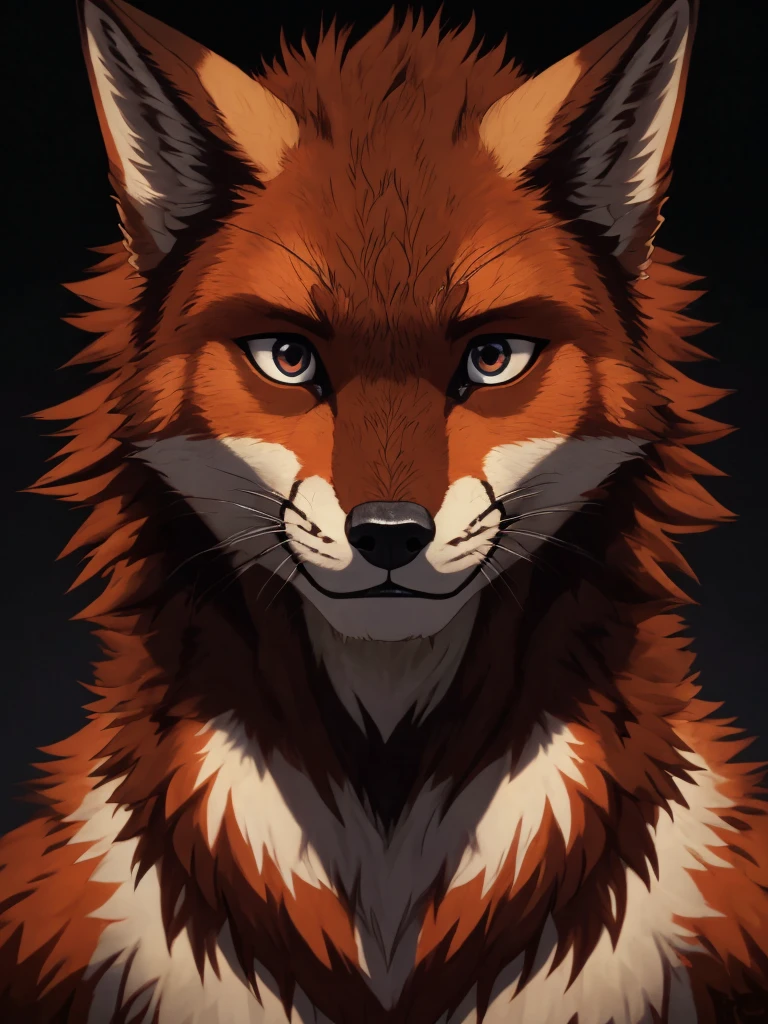 solo, furry anthro fox male, detailed fur texture, (realistic face and eyes), intricate tattoos, (sharp claws), piercing gaze, dark background, masterpiece,
