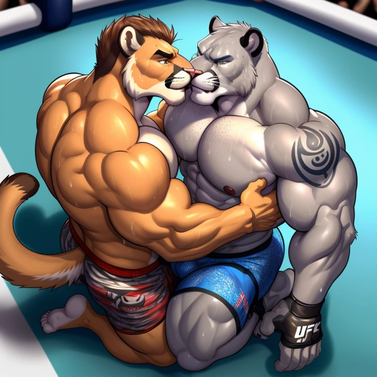 Duo male(Gray Cougar vs Cougar, handsomes, handsome hairstyle, tails, Thick eyebrows, detailed face), gay(Clinch embraced, pined body with body on the ground, kissing each other, up view, on a UFC match), hot(Shirtless), handsomes(They are handsomes, correct ???????), musculosos(Big muscle bodies, Six packs, muscle abs, big pecs, muscle backs, muscle legs), sweaty(very sweaty wet bodies, shiny sweat), tatuajes(they have tattoos), grumpy(Both have an grumpy expression, grumpy teeths, steaming breath), UFC gloves(They both are wearing UFC gloves), UFC boxers(they both are wearing ufc boxers), Hight resolution, by(Zourik:1.1)