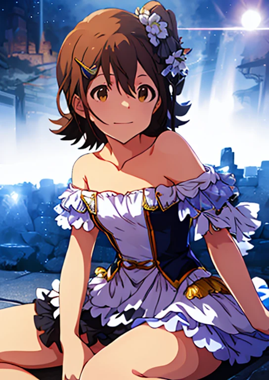 Mirai Kasuga (Home to 1 million people), (Highest quality, 8k, masterpiece, Very detailed:1.2), (Lens flare, Particles of light, Shine), Big Breasts, smile, Open your mouth, masterpiece, Highest quality, Very detailed, High resolution, Very detailedCG, Official Art, Off the shoulder, ((BTBS)), Dynamic Angle, Perfect body,sexy, Panty shot, sit,M-shaped feet, (Squat down with one knee raised、Spread your legs),Panties digging into the crotch,