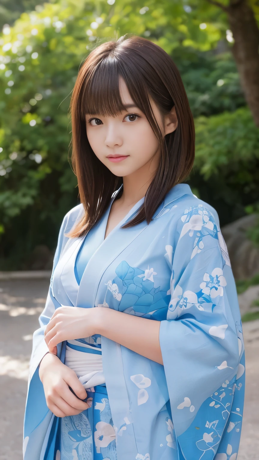 Tabletop、Highest quality、 Very detailedな、High resolution、8k wallpaper、Perfect dynamic composition,、summer、summerの空、新緑のsummerの公園、Beautiful attention to detail、Tabletop,Highest quality,Very detailed,In detail,High resolution,In 8K,((Realistic:1.4,RAW Photos,超High resolution,Best image quality:1.4))、high school student、18-year-old、thin、Small face、Cool gaze、Brown Hair、Beautiful breasts、Straight bangs、Bob Hair、kimono、花柄のkimono、Light blue yukata、