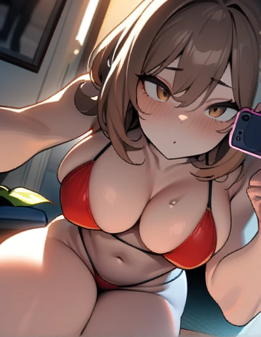 (masterpiece), best quality, expressive eyes, perfect face, demon girl, slime skin, navy blue, long light and dark brown hair, brown eyes, perfect round breasts, red erotic bikini, thick thighs, perfect arms and hands, the garden of her house, rubbing a dildo on her breasts while taking a selfie with the camera, nsfw