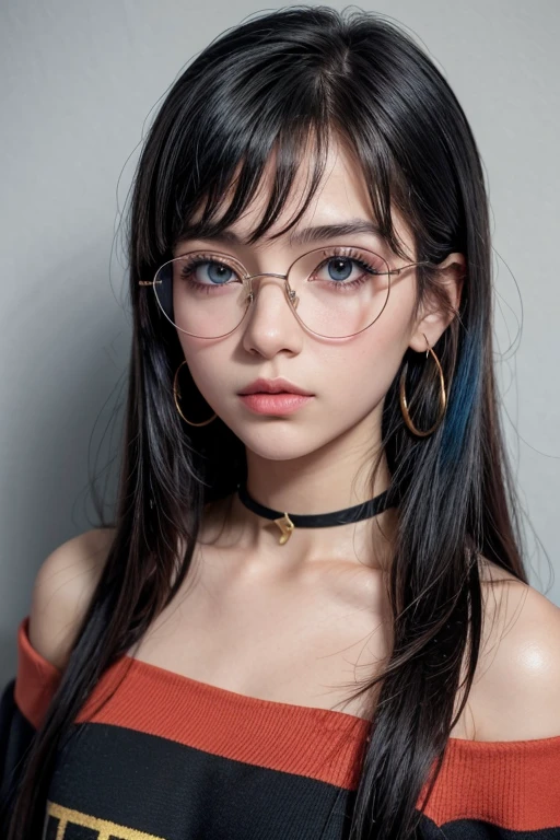 Make a girly teenager, com cabelos até o ombro preto e cerulean, make her with black eyes and gold glasses and her clothes are red, cerulean, and black