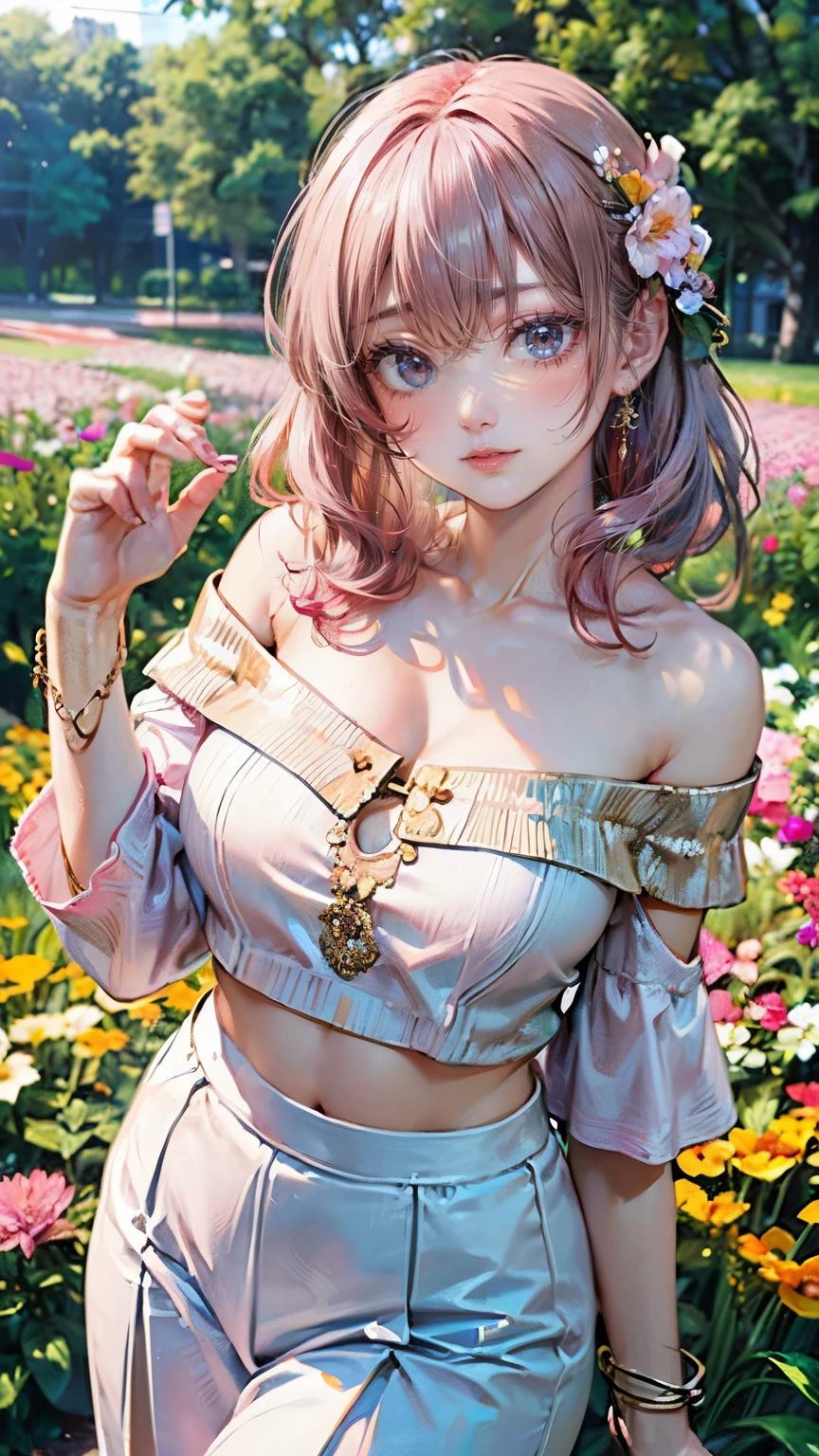 (Masterpiece, BestQuality:1.3), (ultra detailed:1.2), (hyperrealistic:1.3), (RAW photo:1.2), High detail RAW color photo, professional photograph, (Photorealistic:1.4), (realistic:1.4), (Pink Hair:1.5), professional lighting, perfect anatomy, (Big Breasts:1.2), (blush, detailed face), (A happy smile:1.7), sexly, erotic sexly, Random sexy gravure poses, (A beautiful woman wearing an orange off-shoulder top and a white skirt、A gentle expression in a flower field、Gold Bracelet、Pose picking flowers。:1.3)