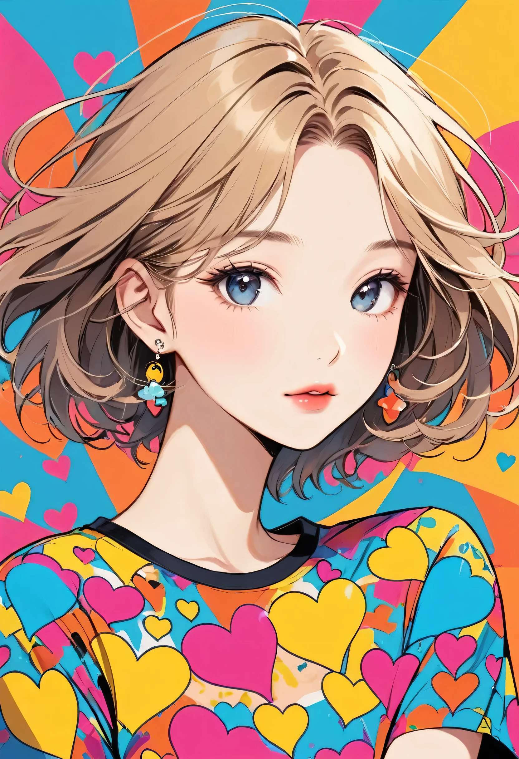 Keith Haring colorful style, Simple Line Initialism,Abstract art,Urban Background, (((The most beautiful girl of all time))), Sweet face. Lips in love, colorful hearts, stylish design, 夏のオシャレなTシャツ, 黒い瞳