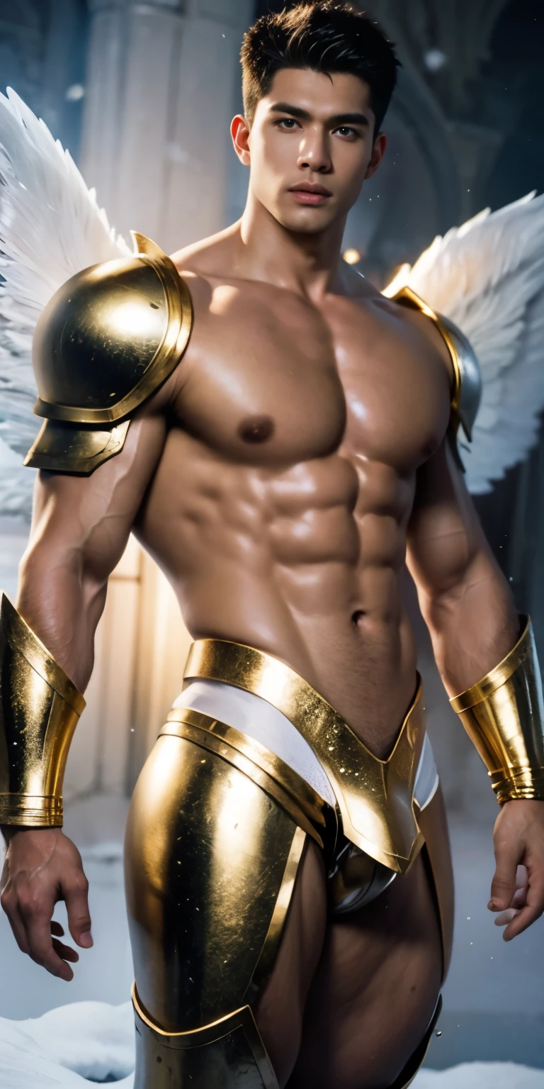 Ultra high resolution, best quality, photograph, 4k, (photographrealistic: 1.4), movie light, The male angel has large translucent wings., A shirtless, muscular man., Abdominal muscles wearing medieval gold armor, Fine fur, feThe male angel has large translucent wings., muscular woman, Abdominal muscles wearing medieval gold armor, Fine fur, cyberpunk environment, Environment with snow and ice in the background, ice cathedral, Portal of the future, Three-dimensional lighting, HD, magic, god of light, Backlight, detailed face, contrast, smooth skin, soft hands, correct anatomy, five fingers.