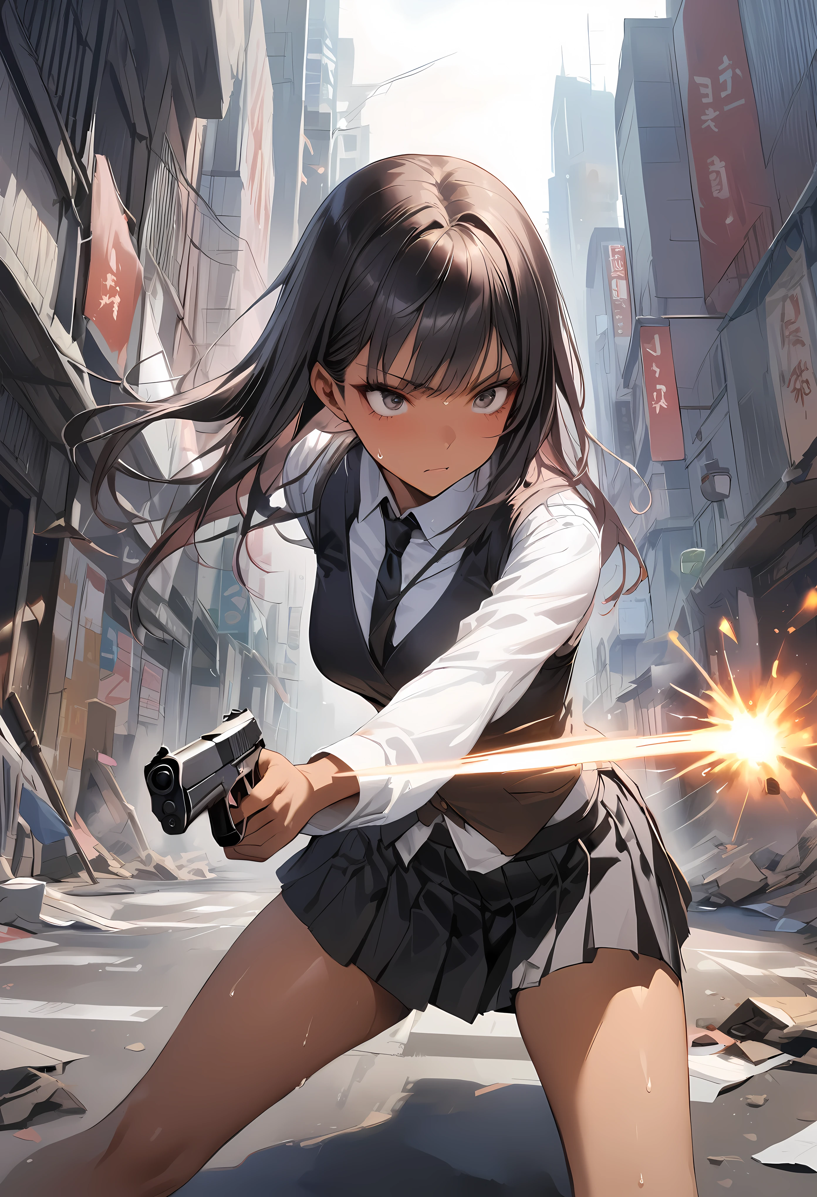 Action Scenes、(Woman fighting the devil),((masterpiece,Highest quality:1.3,best quality illustration)),realistic,cowboy shot,1woman,(22 year old beauty),((very small head:1.4)),ideal ratio body proportions,dark blue hair,straight long hair,bangs,black eyes,gorgeous big eyes,((tan skin,skinny)),(Black vest、Black tie、White collared shirt、Long sleeve、Black pleated mini skirt)),medium breasts,gleaming skin,slender body,sweat,(Detailed handgun,Firing stance),on street,multiple demon、Collapsed Buildings、Tokyo、
