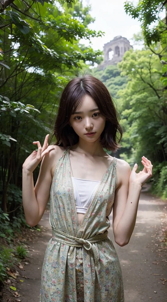 1 person、woman、skinny、Young face、short length、Enchanted eyes、Beautiful scenery、one piece、Show your side、Raise your arms