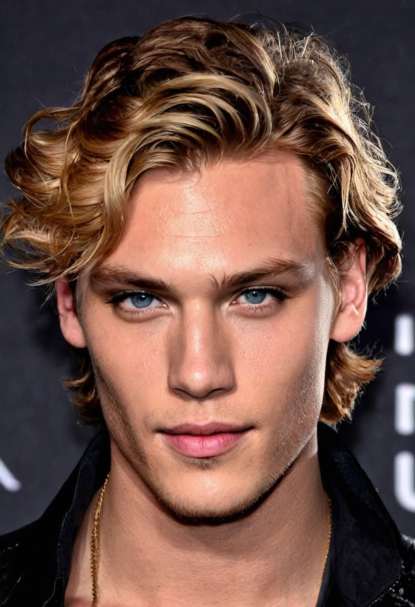 A portrait of Jace Herondale from "The Shadowhunter Chronicles" whose facial features are a combo of Dominic Sherwood + Jamie Campbell Bower. Jace has curly blond hair and long eyelashes and amber eyes. He has a lean and slim muscular build with broad shoulders. Jace stands over 5 feet and 11 inches. Jace's skin is marked with black Shadowhunter runes. Jace looks badass. Symmetrical eyes. Symmetrical face. Great details. Photorealistic. Full-colored photo. Professional photo. Highly detailed 8K.