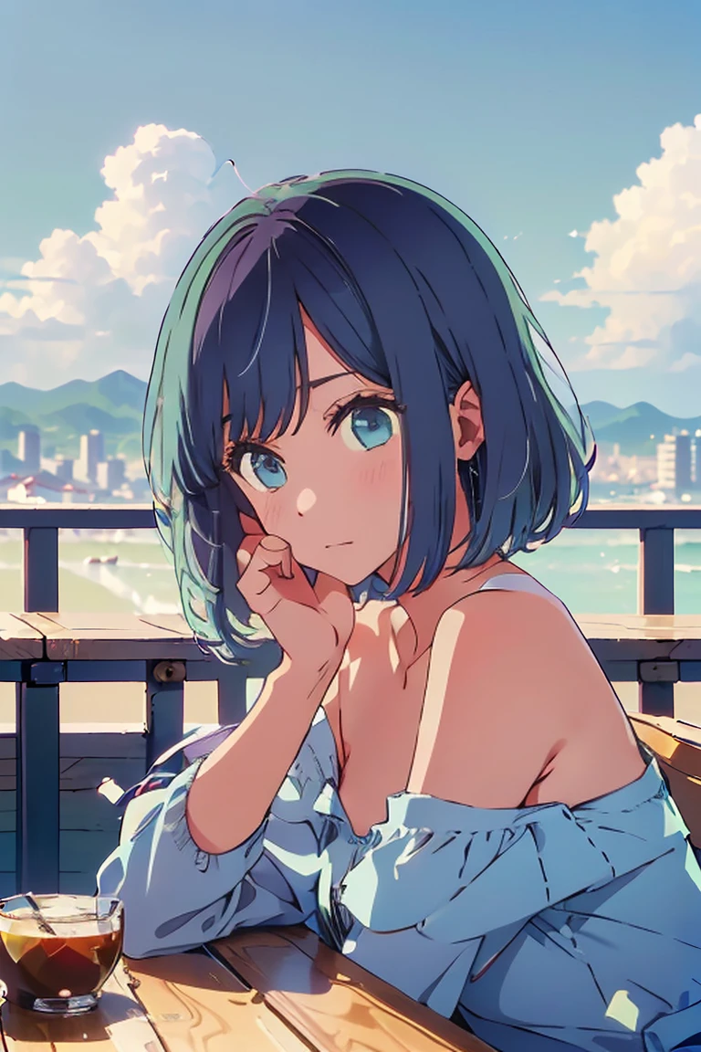 (Highest quality:1.4、masterpiece:1.4、Super detailed:1.4、Ultra-high resolution:1.4、8K:1.4)、F cup bust、Big Breasts、Slim body、((((1 person、Surprised expression、sit、Chair、In the background are the urban buildings of Tokyo、looking at the camera、Outdoor café terrace、coastal、juice、Shooting up close、Shooting from an angle、table、Very cute face))))、(Pose with hands tucked behind ears:1.4、Cheek resting on hand:1.4)、((nude、very beautiful areola、Off-shoulder camisole))、Nipples、Very blue sky、A completely cloudless sky