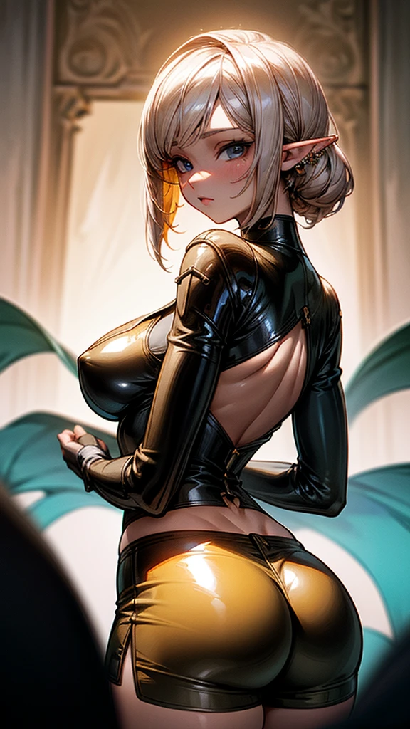 ((masterpiece, best-quality, ultra_detailed)), female elf dressed in latex booty shorts, gorgeous, attractive, african, voluptuous, ample hips, insanelydetailedaccentuatedbigbooty, ((flirty)), looking at viewer, portrait, photography, detailed skin, Realistic, photorealistic, 8k, highly detailed, full-length frame, HIGH RAW detail color art, piercing, diffused soft lighting, shallow depth of field, sharp focus, shallow depth of field, hyperrealism, cinematic lighting