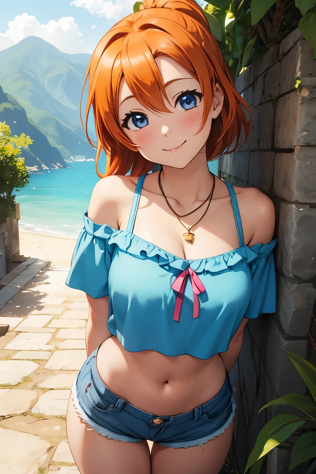 (Masterpiece, Best Quality, High Quality),(chibi), kousaka honoka, orange hair, low ponytail, blue eyes, volumetric lighting, illustration, beautiful, tight, Blushing, breasts, looking at viewer, solo, confident, seductive smile, (arms behind back, head tilt), heart pendant, perfect lighting, perfect shadows, flower, (breathtaking scenery), tree, blushing, crop top, off the shoulder, short shorts