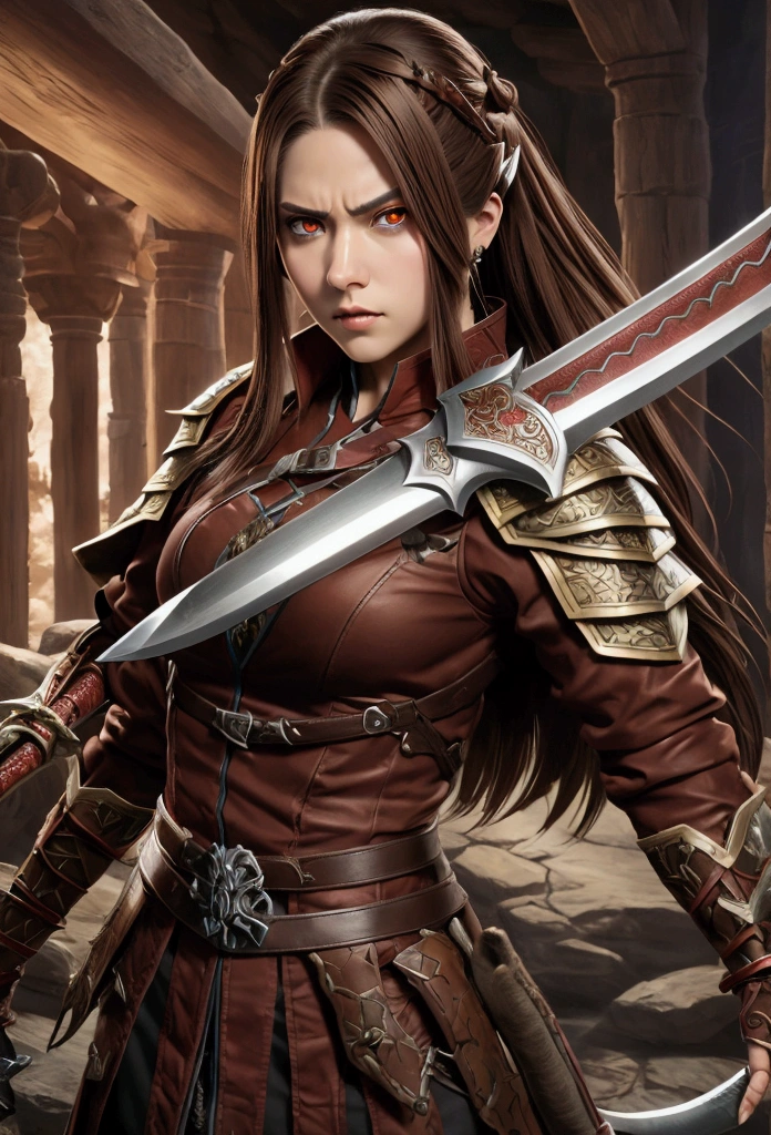 Brown hair, Red eyes, serious expression, monster hunter style, hand sword, guuerrera, High details