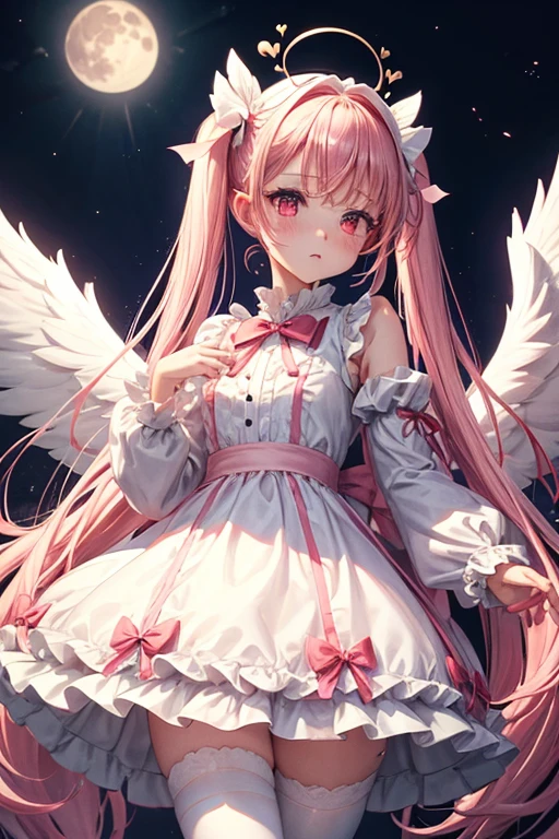 One Girl,Long sleeve,White Lolita Dress,One-piece with big ribbon,Big angel wings,Cupid,Very Long,Pale pink twin tails,big tail,Deep pink eyes,blush,Grim expression,Small ,Red full moon