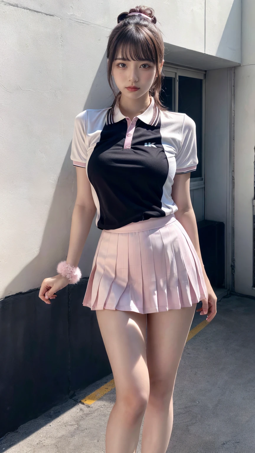 (absurdres:1.3), (highres:1.3), (ultra detailed:1.3),(1girl:1.3), (extremely detailed CG unity 8k wallpaper:1.3), (detailed skin texture, detailed cloth texture, detailed hair texture), (beautiful detailed face, supermodel, pale skin, realistic glistening skin), (RAW photo, best quality), (realistic, photo-realistic:1.4), masterpiece, extremely delicate and beautiful,Amazing, finely detail, extremely detailed CG unity 8k wallpaper, huge filesize, ultra-detailed, highres, absurdres, soft light,rim light, vibrant details, hotel room, straight hair, large breasts, black hair color, Big Natural Color Lip, (perfect body shape), beautiful legs, BREAK (white theme:1.4), (tucked-out short sleeve white polo shirt:1.4), (pink lines on tops outline:1.3), (pure white pleated mini skirt:1.3), (hem of top covers top half of skirt:1.3), (pink fluffy scrunchie on wrist:1.3), (white and pink sports shoes:1.2), crying a little、little smile, Harajuku style、20 year old girl、cute type、ta、standing