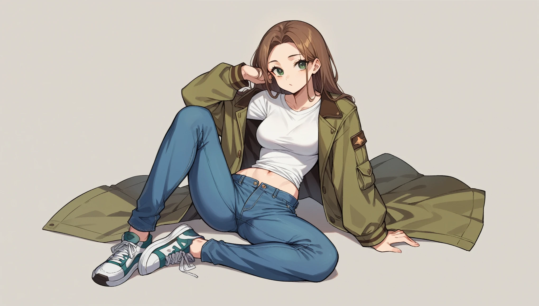 1girl, Cute tall girl, dark green eyes, brown shoulder-length hair, Skinny build, breast size 5, White T-shirt, an unbuttoned jacket similar in color to a military uniform, Blue Skinny Jeans with Navy Sneakers, full length, high quality, beautiful details