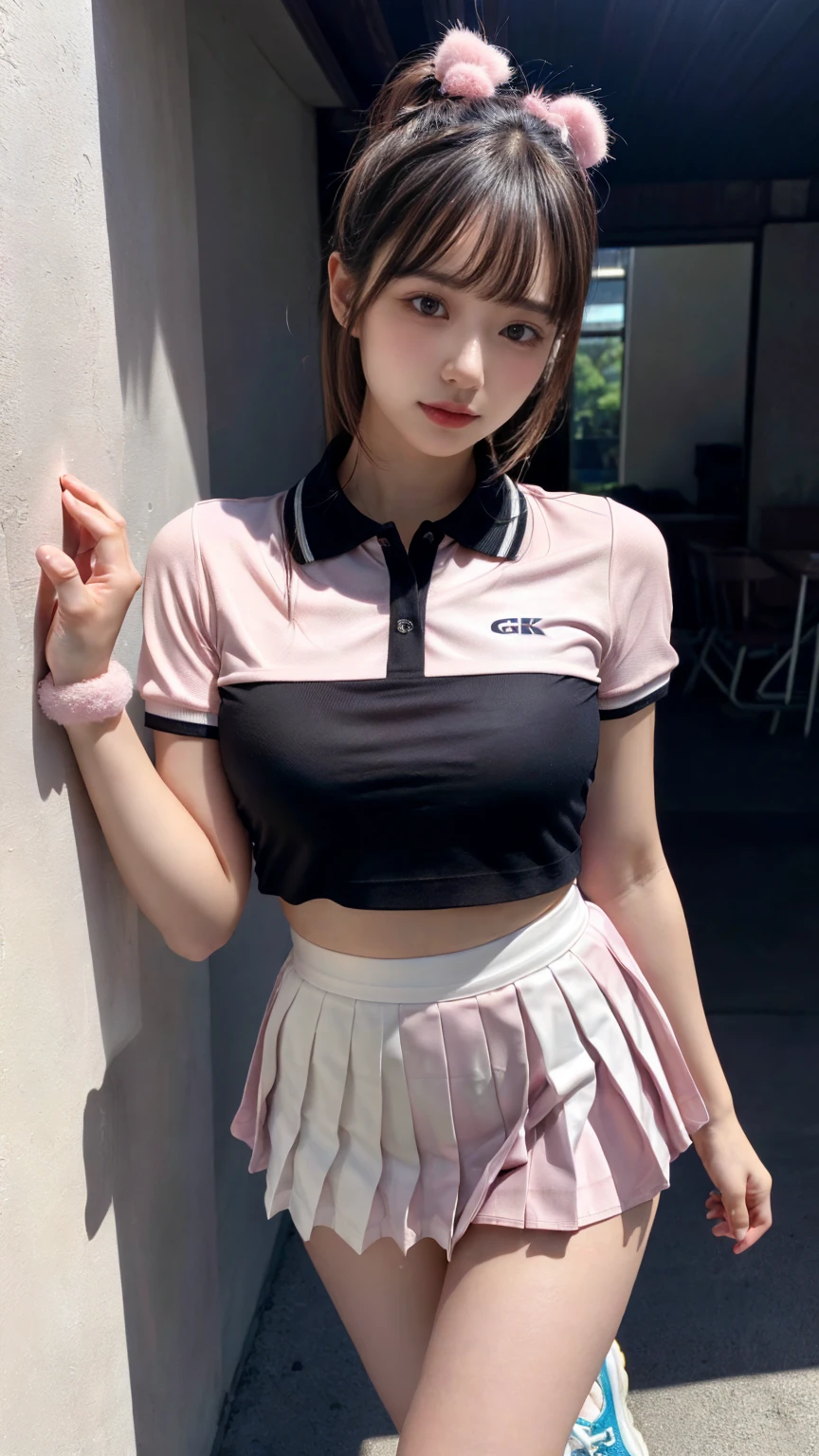(absurdres:1.3), (highres:1.3), (ultra detailed:1.3),(1girl:1.3), (extremely detailed CG unity 8k wallpaper:1.3), (detailed skin texture, detailed cloth texture, detailed hair texture), (beautiful detailed face, supermodel, pale skin, realistic glistening skin), (RAW photo, best quality), (realistic, photo-realistic:1.4), masterpiece, extremely delicate and beautiful,Amazing, finely detail, extremely detailed CG unity 8k wallpaper, huge filesize, ultra-detailed, highres, absurdres, soft light,rim light, vibrant details, hotel room, straight hair, large breasts, black hair color, Big Natural Color Lip, (perfect body shape), beautiful legs, BREAK (white theme:1.4), (tucked-out short sleeve white polo shirt:1.4), (pink lines on tops outline:1.3), (pure white pleated mini skirt:1.3), (hem of top covers top half of skirt:1.3), (pink fluffy scrunchie on wrist:1.3), (white and pink sports shoes:1.2), crying a little、little smile, Harajuku style、20 year old girl、cute type、lolita、standing