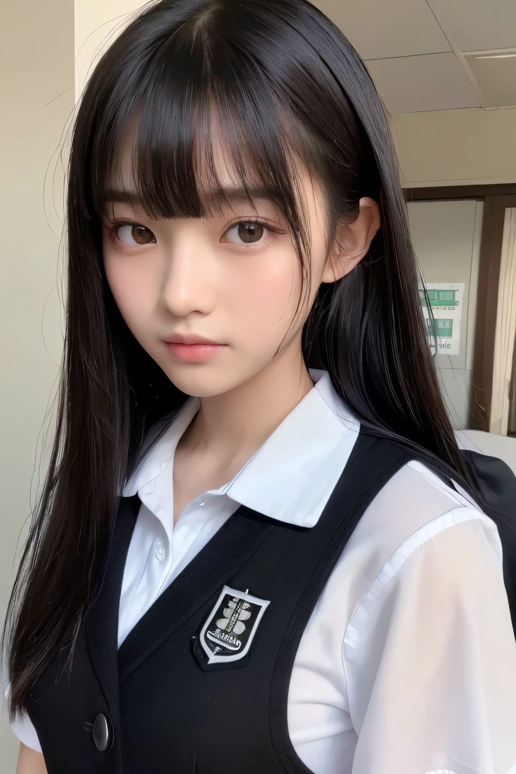 ((Highest quality、8k、masterpiece:1.3))、Sharp focus:1.2、、((Black medium hair))、bangs,Highly detailed face and skin texture、 Detailed eyes、double eyelid、Sunburned肌、Sunburned、Dark Skin、Sunburned体、high school student、uniform、Looking into the camera、School、naked