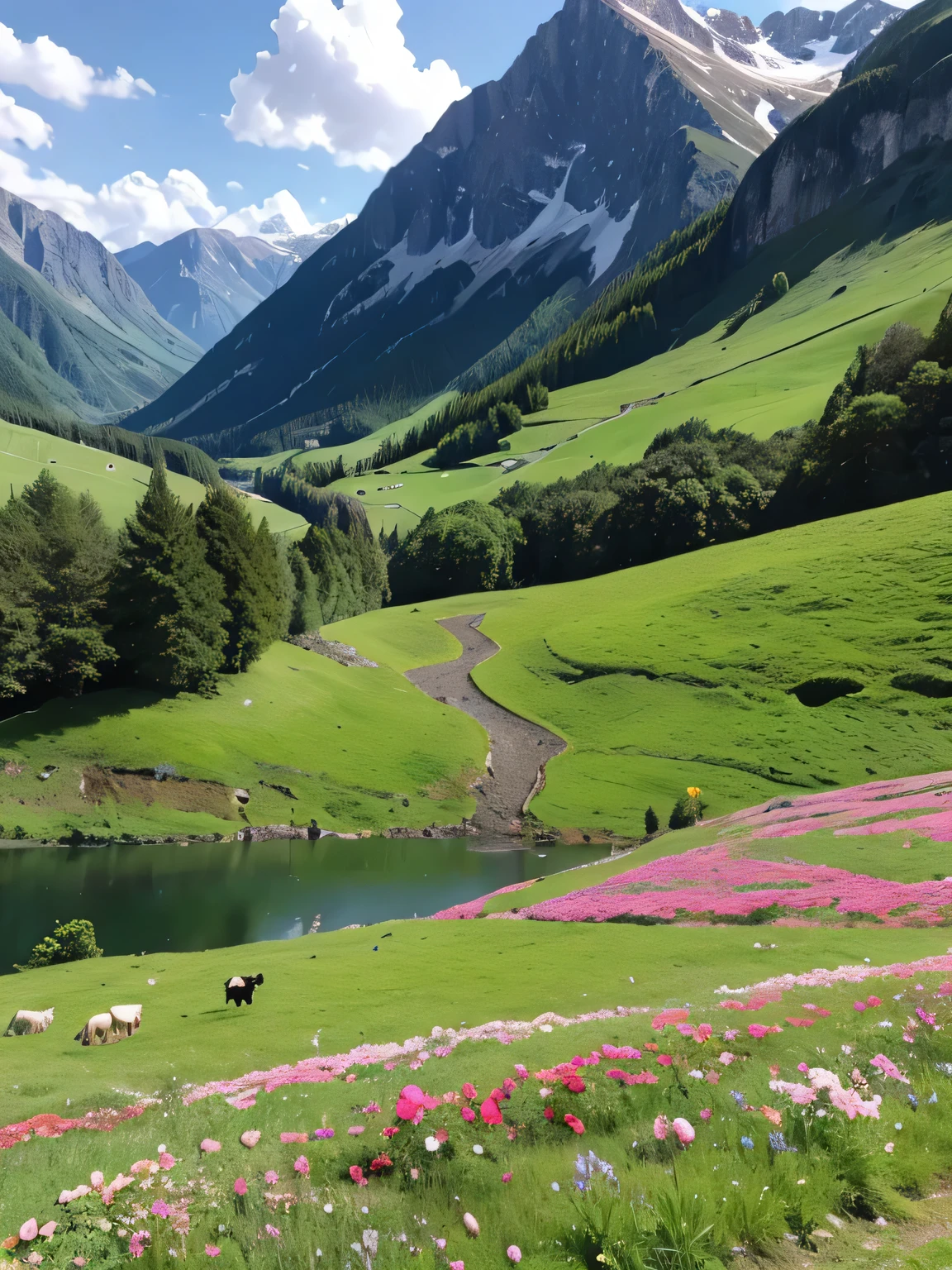 The mountain wall is covered with bright roses of various colors.,next to river,Cows and sheep are eating grass on the grassland