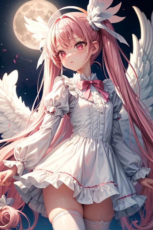 One Girl,Long sleeve,White Lolita Dress,One-piece with big ribbon,Big angel wings,Cupid,Very Long,Pale pink twin tails,big tail,Deep pink eyes,blush,Grim expression,Small ,Big Red Full Moon