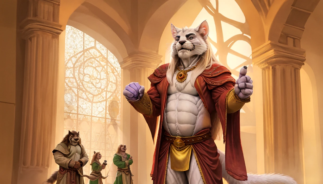 (best quality, masterpiece, ultra-detailed, highres, realistic:1.37), a youthful and optimistic 6 foot tall 30 year old tabaxi man race from d&d with a meincoone cat like appearance who has white fur and long haired ears wearing fancy purple medieval dancer vestments with a golden belt and broach on his chest in the style of the Castlevania Animated Series