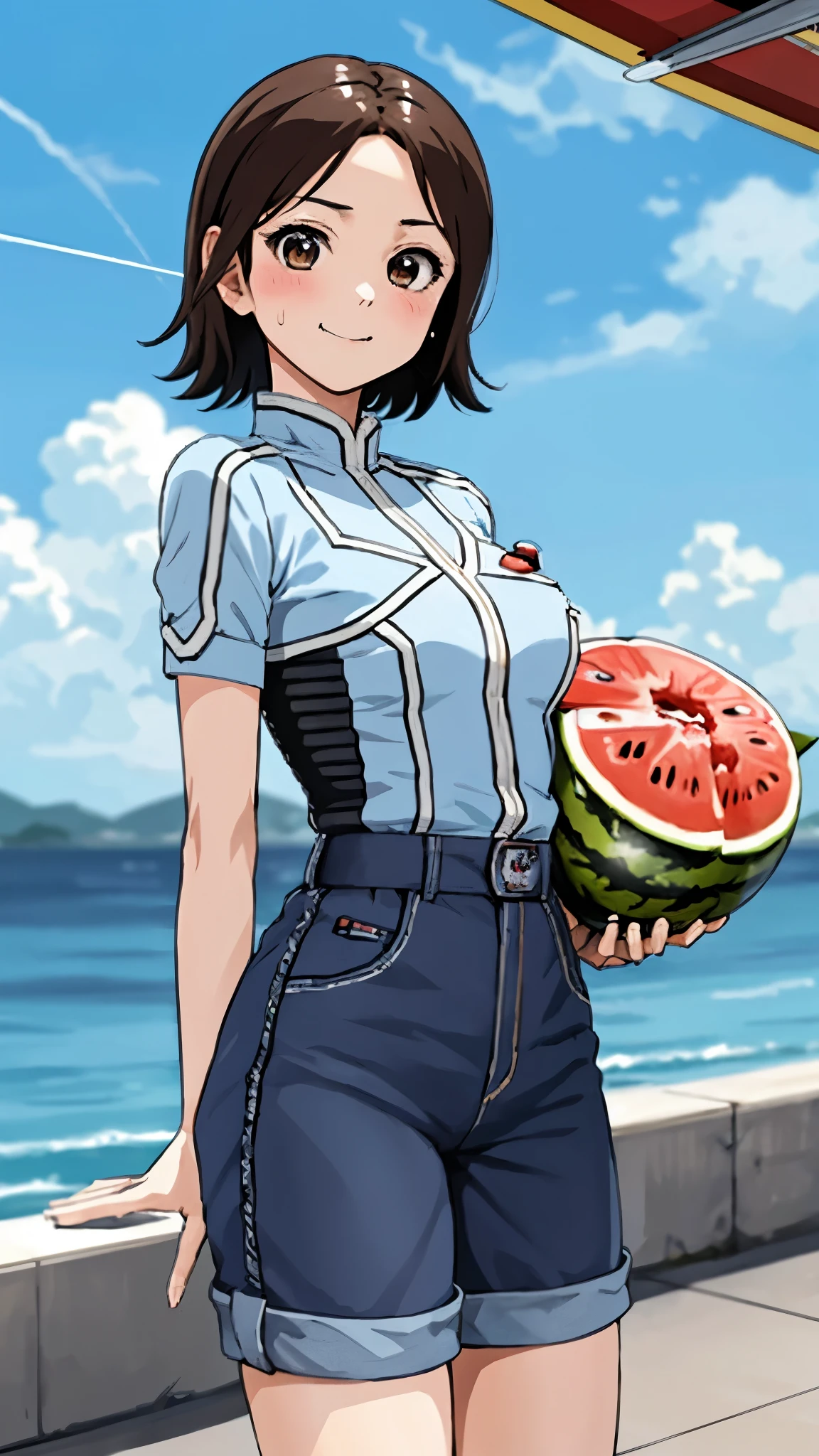 masterpiece, best quality, solo,1girl,looking at viewer,, cowboy shot,sea,anime style,
 anne、Ultra Guard Interior、Fighter Aircraft Background、Sweating profusely、Arms rolled up、Short sleeve、Short pants、Show off your thighs、Eating watermelon、holding a watermelon in your hand、Happy expression

