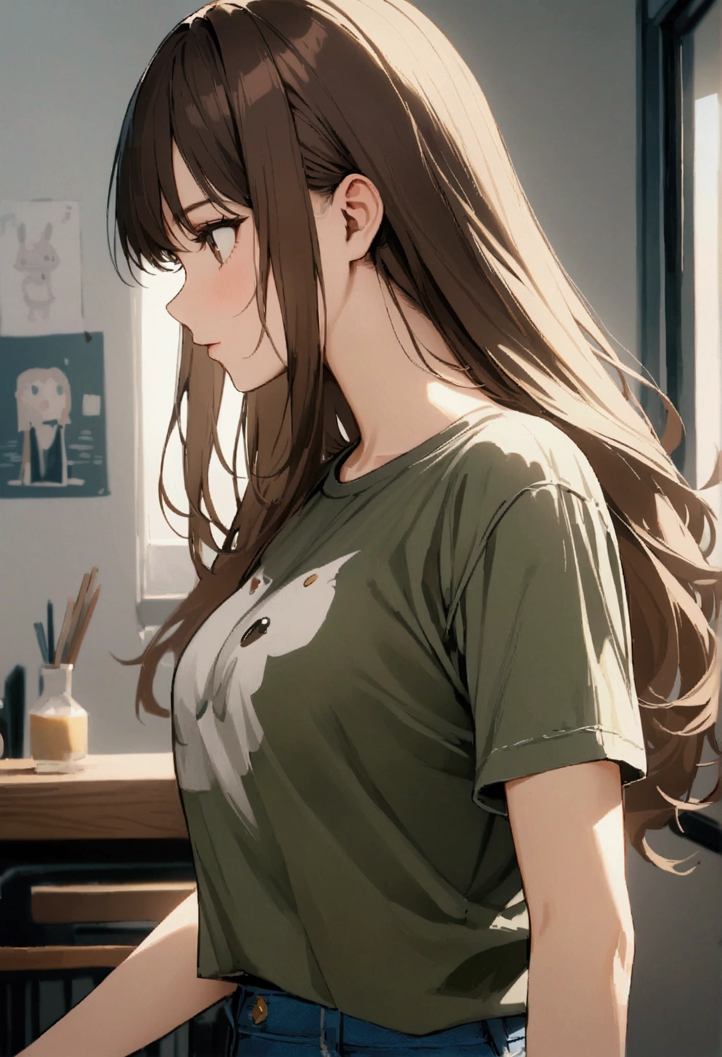 girl, student, female, long hair, brown hair, brown eyes, short sleeve t-shirt, 검은 short sleeve t-shirt, denim skirt, Profile picture, best quality