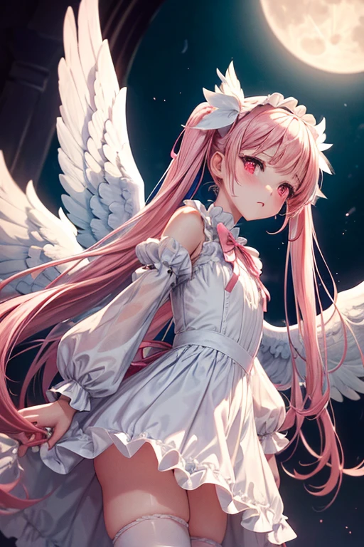 One Girl,Long sleeve,White Lolita Dress,One-piece with big ribbon,Big angel wings,Cupid,Very Long,Pale pink twin tails,big tail,Deep pink eyes,blush,Grim expression,Small ,Big Red Full Moon