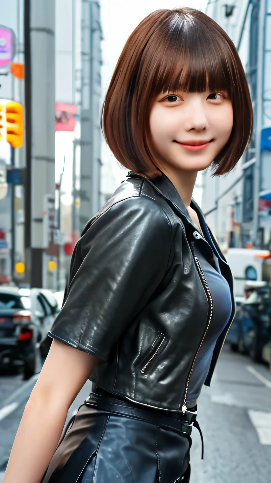 Realistic, software, Beautiful Japanese Girl, A shy smile,Bob cut short hair,leather jacket,Leather skirt,boots,Align your bangs