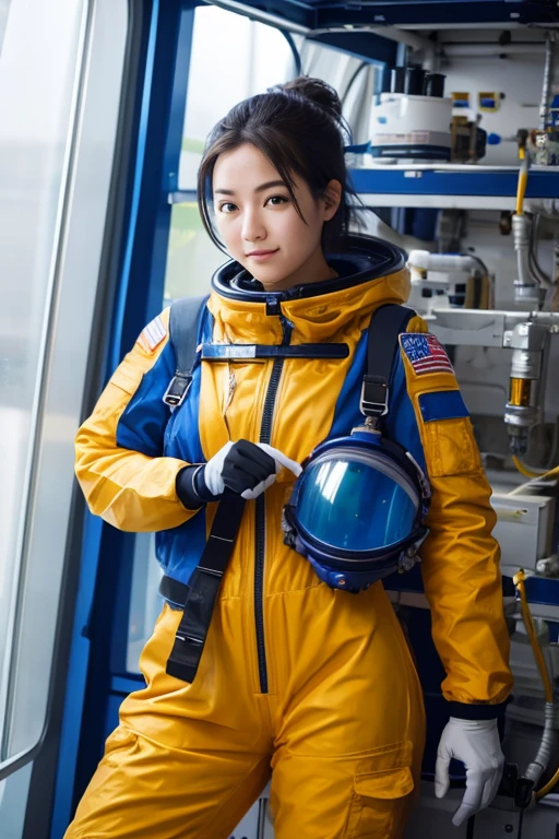 A female space station chemist, age 25, wearing spacesuit and in the research unit