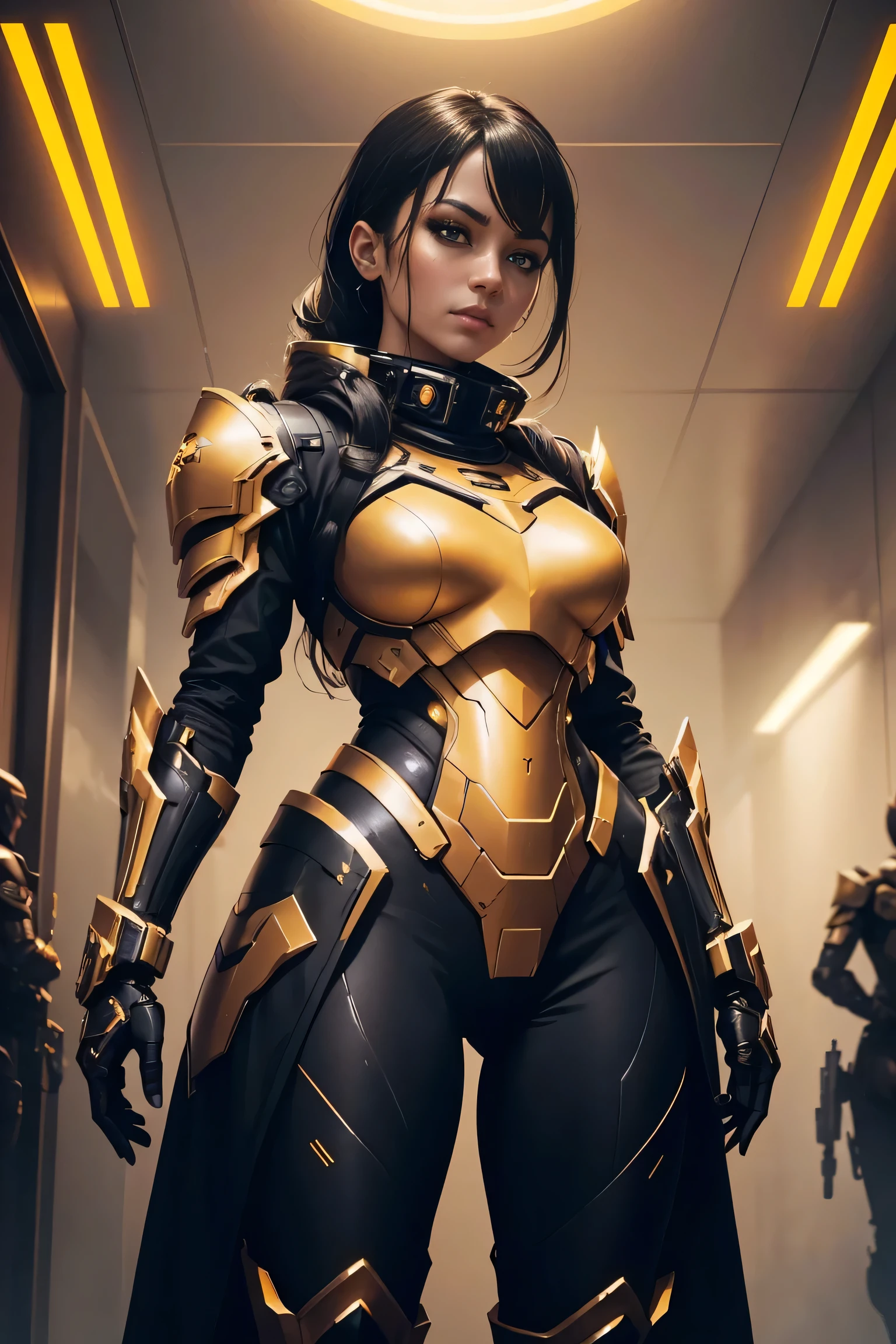 a woman in a black and gold outfit holding a gun, amazing 8k character concept art, epic scifi character art, black and golden armor, clothed in sci-fi military armor, epic sci - fi character art, black and gold armor, epic sci-fi character art, scifi woman, sci fi female character, girl in mecha cyber armor