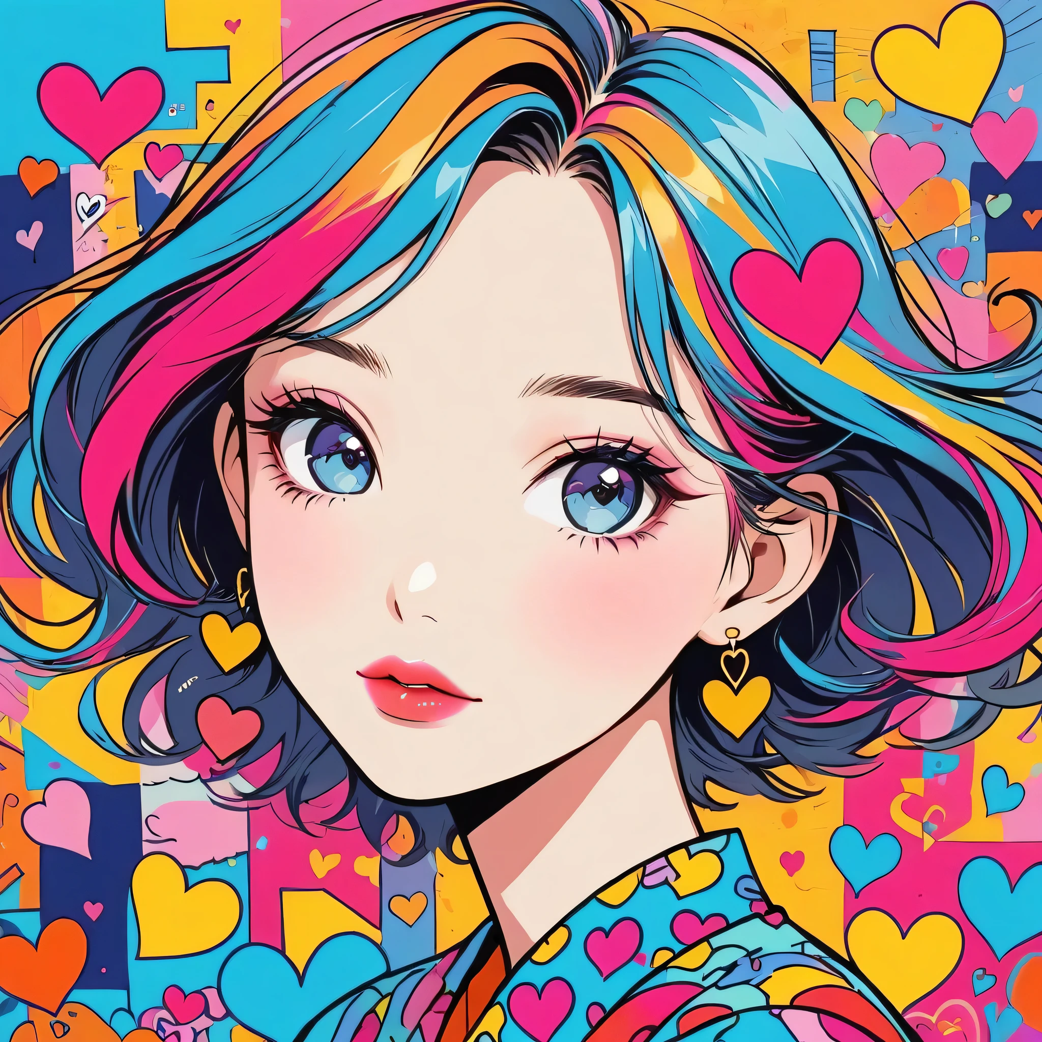 Keith Haring colorful style, Simple Line Initialism,Abstract art,Urban Background, (((The most beautiful girl of all time))), Sweet face. Lips in love, colorful hearts, stylish design, 黒い瞳