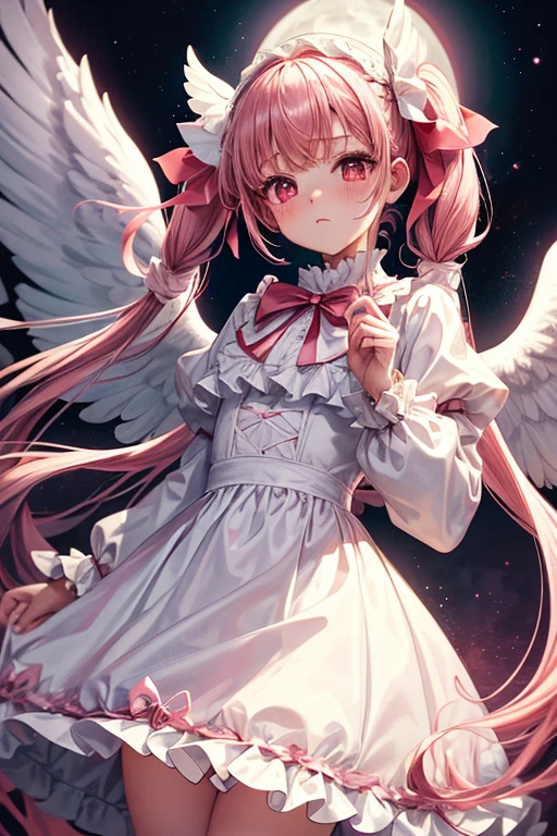 One Girl,Long sleeve,White ta Dress,One-piece with big ribbon,Big angel wings,Cupid,Very Long,Pale pink twin tails,big tail,Deep pink eyes,blush,Grim expression,Small ,Big Red Full Moon