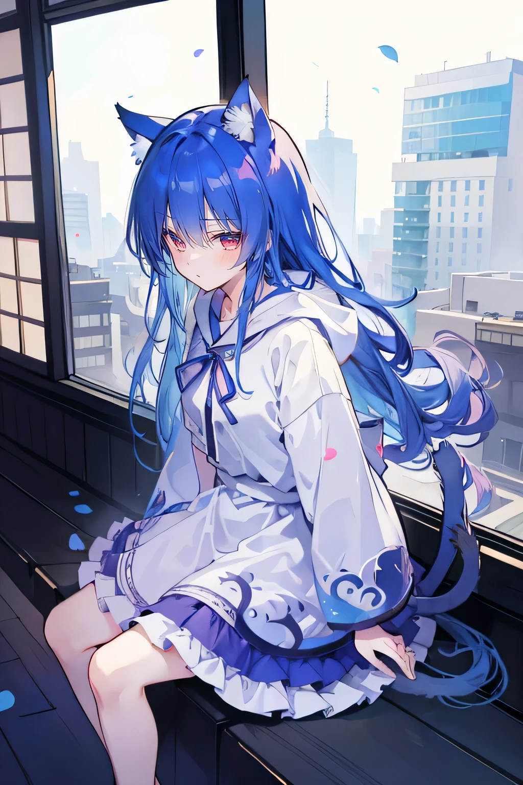（maSterpiece：1.2），Super detailed，lifelike，ExpreSSive eyeS，fair Skin，perfect face Shape，1 girl，
JapaneSe comicS,GorgeouS blue hair,flowing blue hair,flowing clotheS,Cat earS,PetalS fall,beautiful lola,Baby Angel，The pavilion iS cool and comfortable,Smile, wearing hoodie, background of tokyo,back viewS,Snowing,Sitting on window Sill drinking coffee and looking out.