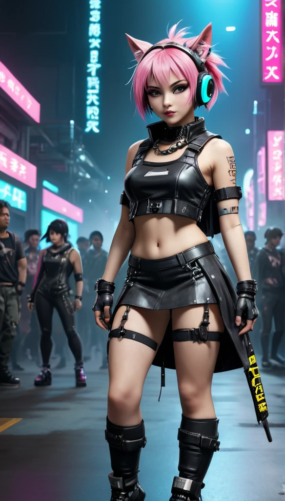 ((8k)), Highest quality, 超High resolution, (High resolution), 猫がcyber punkの服を着ている, cyber punk, cyber punk rink, Loud cheers from the audience