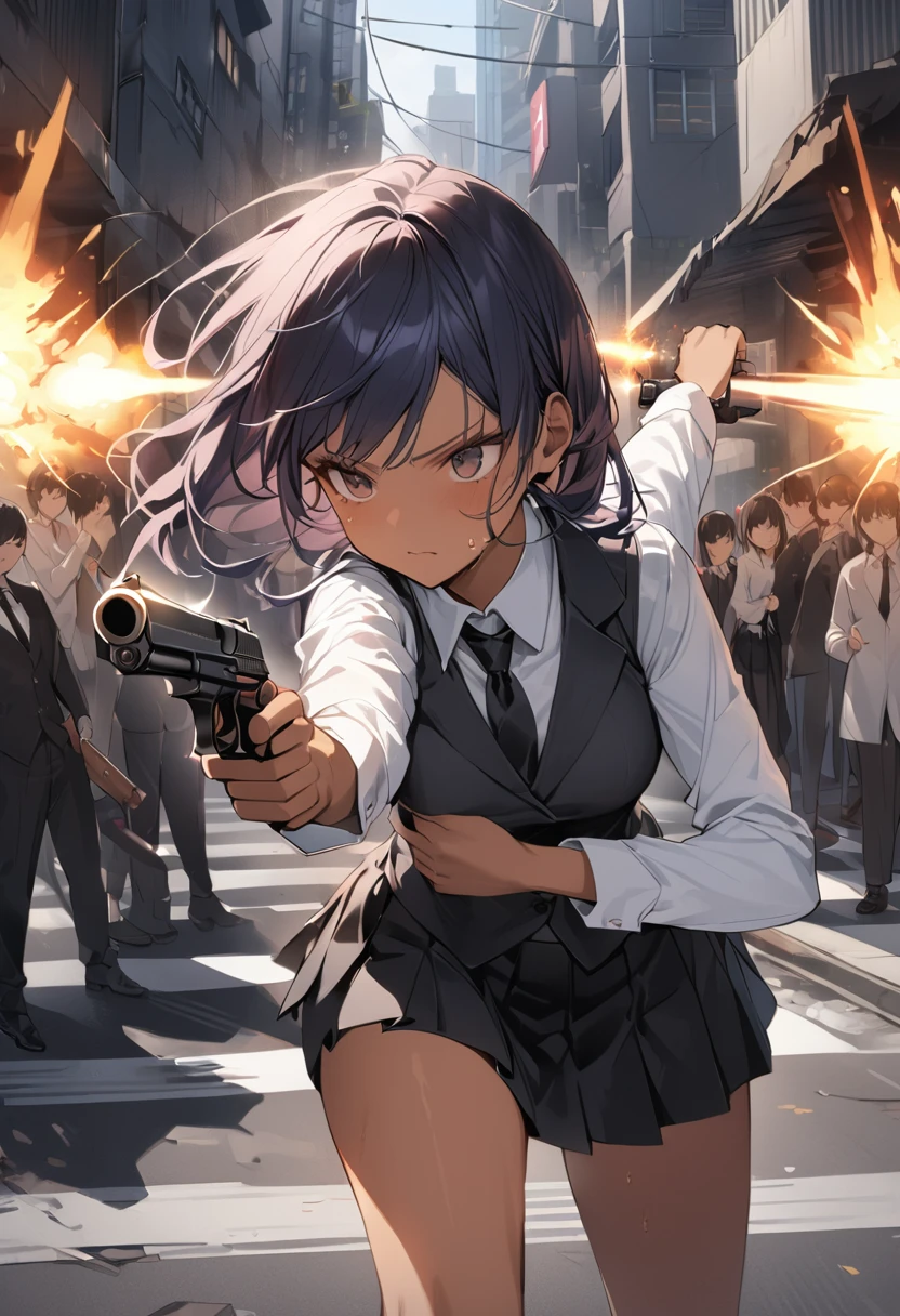 Action Scenes、(Woman fighting the devil),((masterpiece,Highest quality:1.3,best quality illustration)),realistic,cowboy shot,1woman,(22 year old beauty),((very small head:1.4)),ideal ratio body proportions,(dark blue hair),straight long hair,bangs,black eyes,gorgeous big eyes,((tan skin,skinny)),(Black vest、Black tie、White collared shirt、Long sleeve、Black pleated mini skirt)),medium breasts,gleaming skin,slender body,sweat,(Detailed handgun,Firing stance),on street,(multiple demon)、Collapsed Buildings、Tokyo、