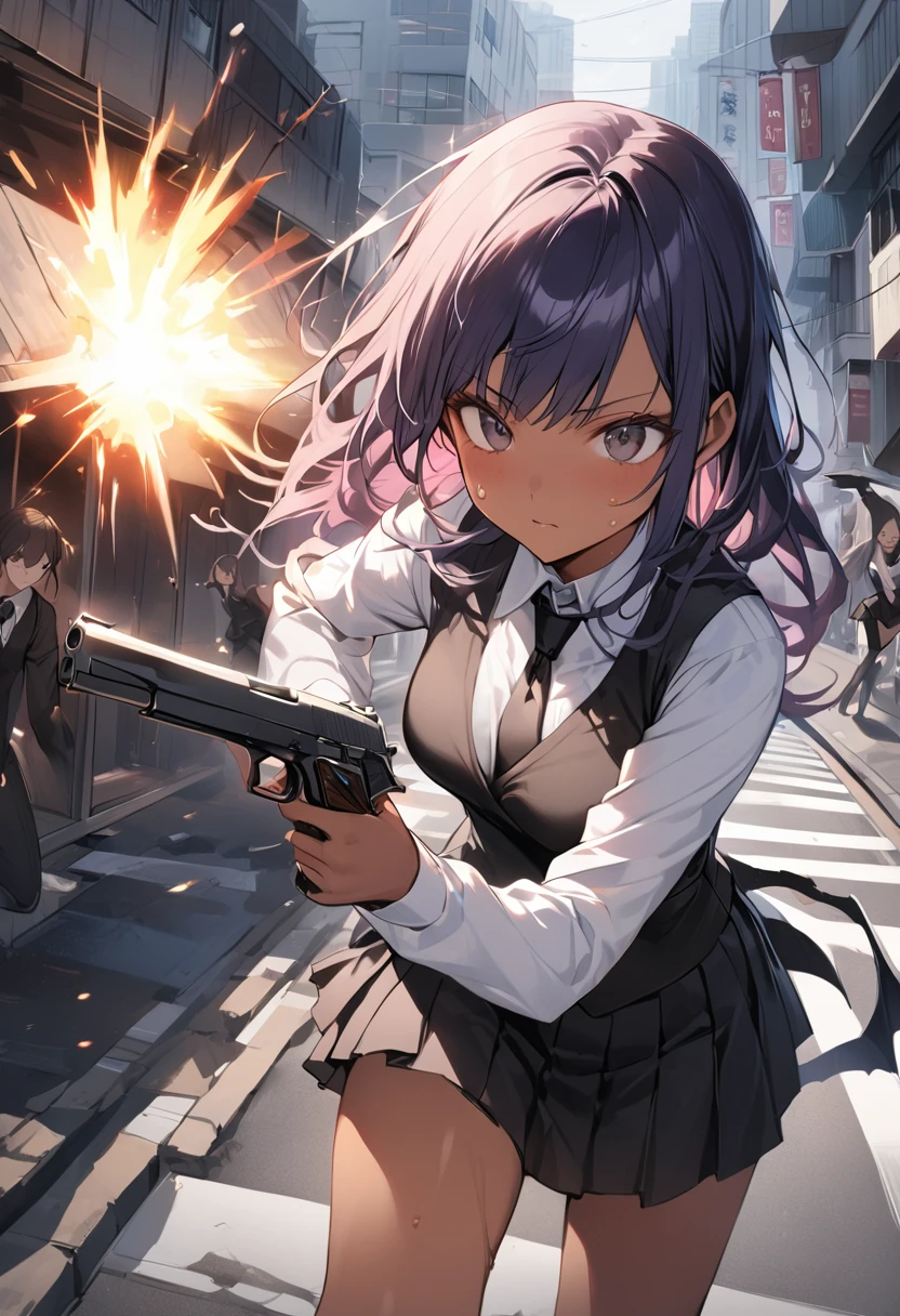 Action Scenes、(Woman fighting the devil),((masterpiece,Highest quality:1.3,best quality illustration)),realistic,cowboy shot,1woman,(22 year old beauty),((very small head:1.4)),ideal ratio body proportions,(dark blue hair),straight long hair,bangs,black eyes,gorgeous big eyes,((tan skin,skinny)),(Black vest、Black tie、White collared shirt、Long sleeve、Black pleated mini skirt)),medium breasts,gleaming skin,slender body,sweat,(Detailed handgun,Firing stance),on street,(multiple demon)、Collapsed Buildings、Tokyo、