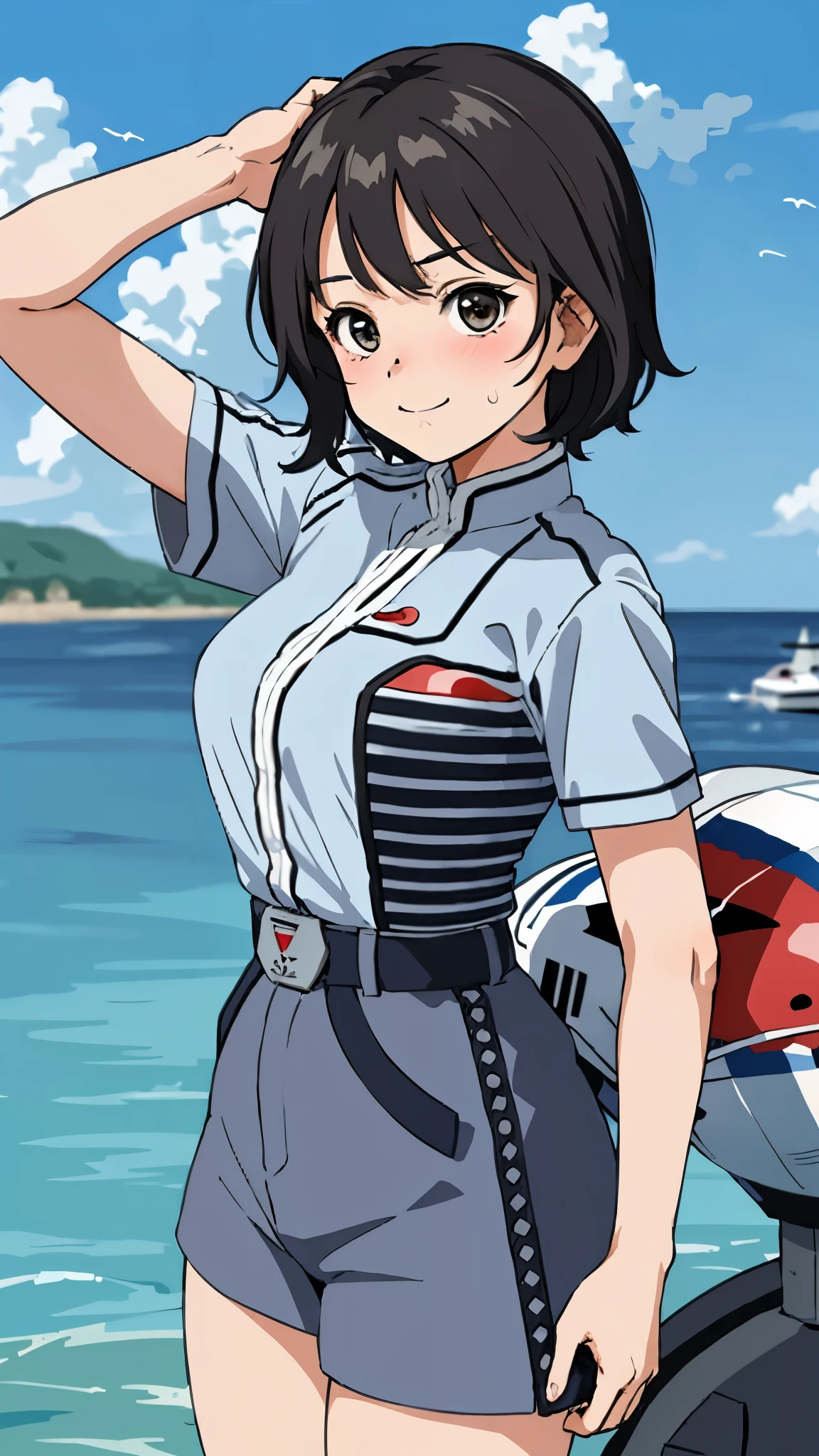 masterpiece, best quality, solo,1girl,looking at viewer,, cowboy shot,sea,anime style,
 anne、Ultra Guard Interior、Fighter Aircraft Background、Sweating profusely、Arms rolled up、Short sleeve、Short pants、Show off your thighs、Eating watermelon、holding a watermelon in your hand、Happy expression

