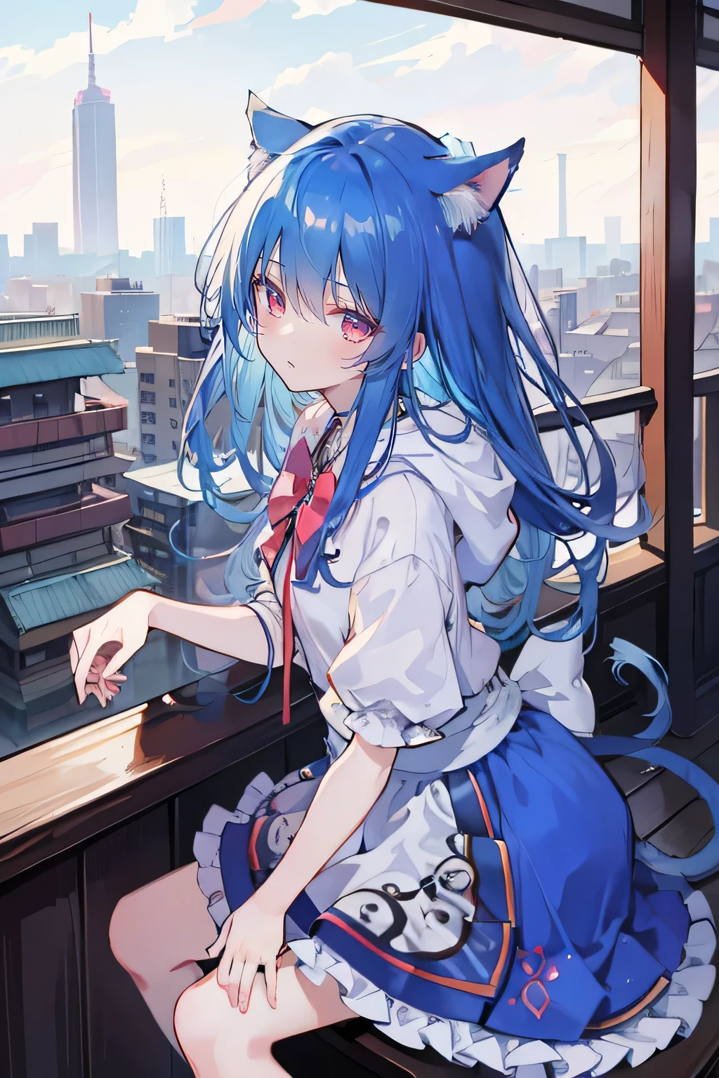 （maSterpiece：1.2），Super detailed，lifelike，ExpreSSive eyeS，fair Skin，perfect face Shape，1 girl，
JapaneSe comicS,GorgeouS blue hair,flowing blue hair,flowing clotheS,Cat earS,PetalS fall,beautiful lola,Baby Angel，The pavilion iS cool and comfortable,Smile, wearing hoodie, background of tokyo,back viewS,Snowing,Sitting on window Sill drinking coffee and looking out.