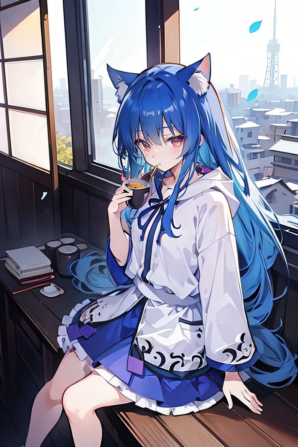 （maSterpiece：1.2），Super detailed，lifelike，ExpreSSive eyeS，fair Skin，perfect face Shape，1 girl，
JapaneSe comicS,GorgeouS blue hair,flowing blue hair,flowing clotheS,Cat earS,PetalS fall,beautiful lola,Baby Angel，The pavilion iS cool and comfortable,Smile, wearing hoodie, background of tokyo,back viewS,Snowing,Sitting on window Sill drinking coffee and looking out.